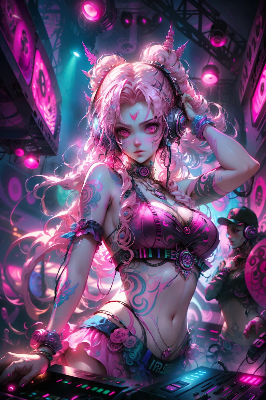 Upper body, Female DJ, Vampires,Wear a bikini,Tattooed with,Pink hair, Quirky, Vibrant appearance, Playful accessories, Bright colors,Creative behavior, Rambled, Sensual, Spontaneous, DJ headphones, Mixing Console, Music Clubs, night club, Independent cinema, People dancing on dance floor background, Underground danceclub, Highest quality, Skin texture, Intricate details, (Cinematic lighting), RAW photo, 8K,Psychedelic surrealist art,Surrealist psychedelic design,dream art style,Illusion psychedelic art, Colorful dark vectors,