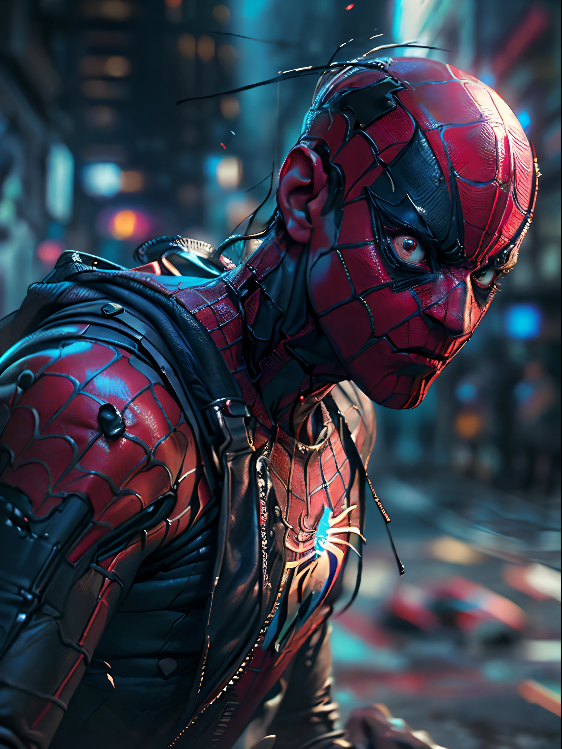Spiderman as a zombie,(top-quality、8K、32K、masterpiece、nffsw:1.3)、(The ultra -The high-definition)、(Photorealsitic:1.4)、Raw photography,Perfect eyes,Charming perfect figure,actionpose:1.2,Detailed cyberpunk fashion、World of Cyberpunk,depth of fields,blurry backround,、