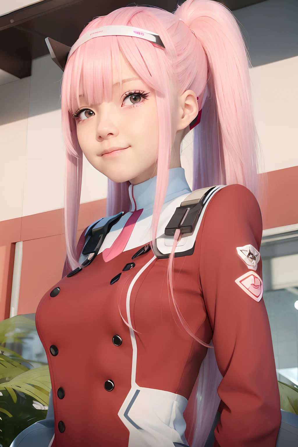 anime girl with pink hair and blue eyes in a red uniform, zero two, anime visual of a cute girl, megumu okada, fine details. girls frontline, haruno sakura, anime visual of a young woman, anya from spy x family, official art, official character art, official anime artwork, key anime art, cushart krenz key art feminine, With a sweet smile