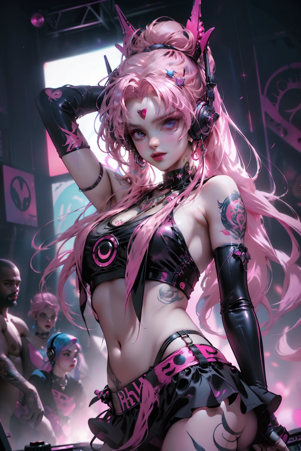 Upper body, Female DJ, Vampires,Wear a bikini，Tattooed with，Pink hair， Quirky, Vibrant appearance, Playful accessories, Bright colors，Creative behavior, Rambled, Sensual, Spontaneous, DJ headphones, Mixing Console, Music Clubs, night club, Independent cinema, People dancing on dance floor background, Underground danceclub, Highest quality, Skin texture, Intricate details, (Cinematic lighting), RAW photo, 8K，Psychedelic surrealist art，Surrealist psychedelic design，dream art style，Illusion psychedelic art， Colorful dark vectors,