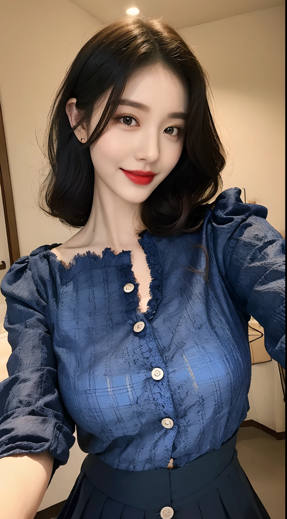 high detal，8K分辨率，超高分辨率，Best image quality，a beauty girl，lipsticks，Love pupils，Peerless beauty，Messy black straight hair，shoulder-length short hair，（Coiled hair）Smooth hair，Intense and beautiful makeup，Exquisite and perfect facial features，the most beautiful big eyes，Be red in the face，Sweet smile，（Wearing a blue lace shirt with buttons，tiese ，Plaid pleated skirt）Open navel，Thin waist，（Full breasts）Get close to the viewer，dynamic angle，Extreme picture quality，Highest accuracy