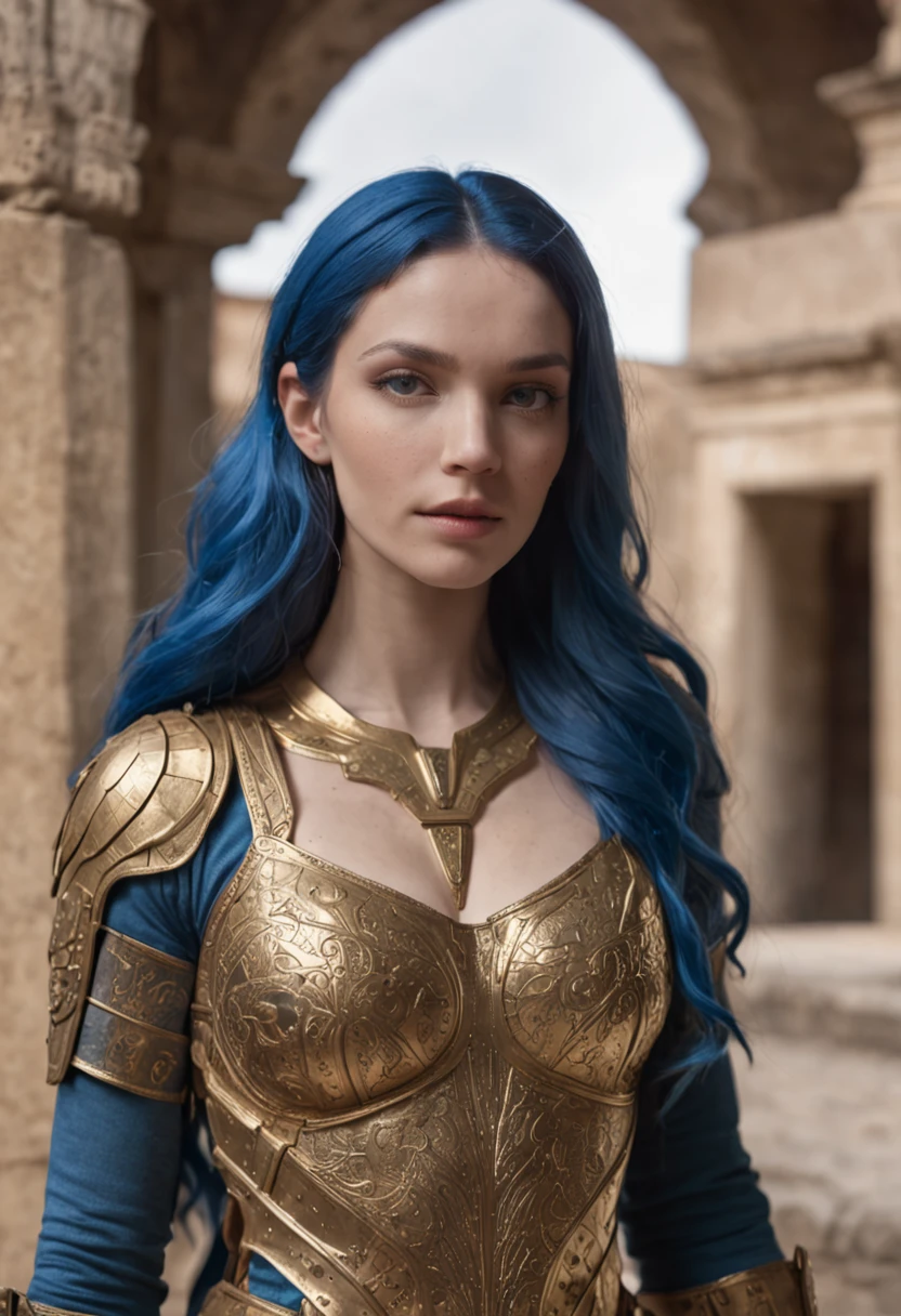 (masterpiece, high resolution:1.4), (photograph of a woman with flowing blue hair, bright blue eyes, and fair skin:1.2), (adorned in a resplendent suit of golden armor:1.4), (the intricate design of the armor protecting her slender and voluptuous body:1.3), (captured within the serene ambience of a Greek temple in ruins:1.1), (Sony Alpha 9 II camera, known for capturing fine details:1.2), (paired with a Sony FE 24-70mm f/2.8 GM lens for versatile capturing:1.2), (the temple's columns and structures creating an aura of ancient grandeur:1.1), (soft sunlight filtering through the cracks, adding an ethereal glow:1.1), (her determined gaze meeting the camera, reflecting both strength and grace:1.1), (the intricate details of the golden armor, from the engravings to the reflective surfaces, captured with precision:1.1), (her blue hair cascading down her back in harmony with the ancient setting:1.1), (the camera lens capturing the interplay between her striking appearance and the atmospheric ruins:1.1), (a photograph that captures the contrast between the modern woman and the ancient surroundings:1.1), (a moment that reflects both power and beauty against the backdrop of history:1.1), Cinematic, Hyper-detailed, insane details, Beautifully color graded, Unreal Engine, DOF, Super-Resolution, Megapixel, Cinematic Lightning, Anti-Aliasing, FKAA, TXAA, RTX, SSAO, Post Processing, Post Production, Tone Mapping, CGI, VFX, SFX, Insanely detailed and intricate, Hyper maximalist, Hyper realistic, Volumetric, Photorealistic, ultra photoreal, ultra-detailed, intricate details, Super detailed, Full color, Volumetric lightning, HDR, Realistic, Unreal Engine, 16K, Sharp focus, Octane render