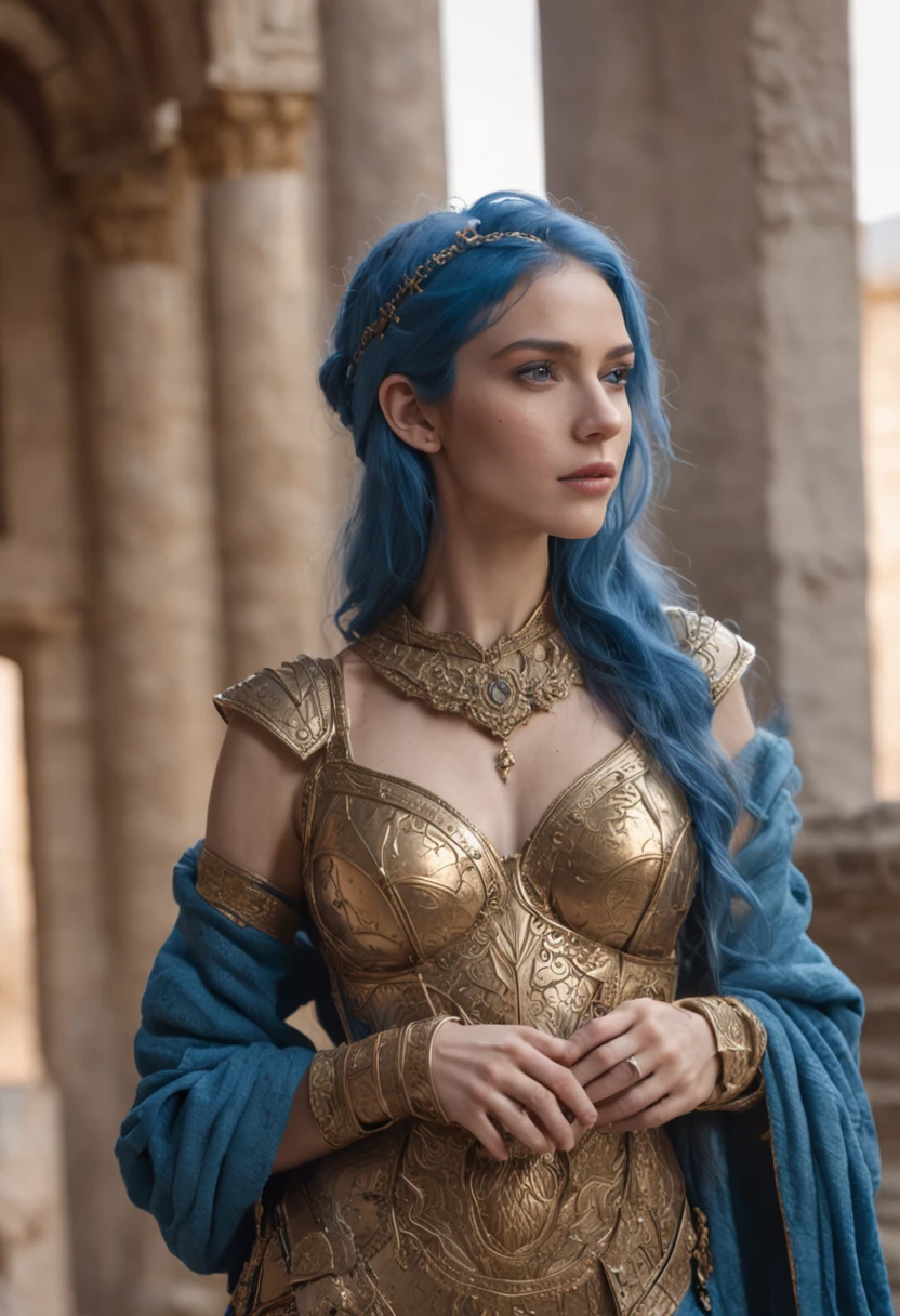 (masterpiece, high resolution:1.4), (photograph of a woman with flowing blue hair, bright blue eyes, and fair skin:1.2), (adorned in a resplendent suit of golden armor:1.4), (the intricate design of the armor protecting her slender and voluptuous body:1.3), (captured within the serene ambience of a Greek temple in ruins:1.1), (Sony Alpha 9 II camera, known for capturing fine details:1.2), (paired with a Sony FE 24-70mm f/2.8 GM lens for versatile capturing:1.2), (the temple's columns and structures creating an aura of ancient grandeur:1.1), (soft sunlight filtering through the cracks, adding an ethereal glow:1.1), (her determined gaze meeting the camera, reflecting both strength and grace:1.1), (the intricate details of the golden armor, from the engravings to the reflective surfaces, captured with precision:1.1), (her blue hair cascading down her back in harmony with the ancient setting:1.1), (the camera lens capturing the interplay between her striking appearance and the atmospheric ruins:1.1), (a photograph that captures the contrast between the modern woman and the ancient surroundings:1.1), (a moment that reflects both power and beauty against the backdrop of history:1.1), Cinematic, Hyper-detailed, insane details, Beautifully color graded, Unreal Engine, DOF, Super-Resolution, Megapixel, Cinematic Lightning, Anti-Aliasing, FKAA, TXAA, RTX, SSAO, Post Processing, Post Production, Tone Mapping, CGI, VFX, SFX, Insanely detailed and intricate, Hyper maximalist, Hyper realistic, Volumetric, Photorealistic, ultra photoreal, ultra-detailed, intricate details, Super detailed, Full color, Volumetric lightning, HDR, Realistic, Unreal Engine, 16K, Sharp focus, Octane render