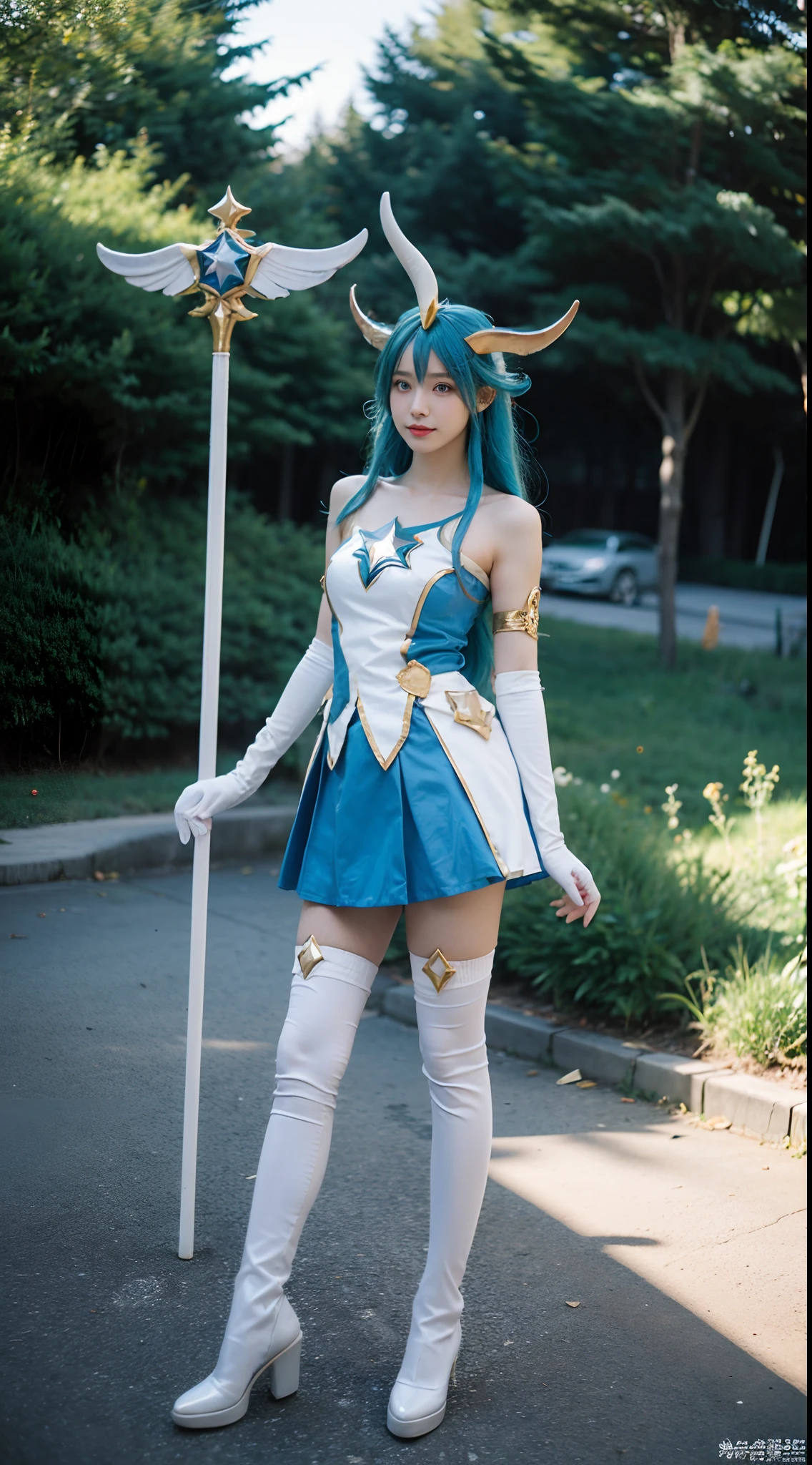 1girl,moyou,star guardian soraka, full body,elbow gloves,white thighhighs,no shoes,outdoors