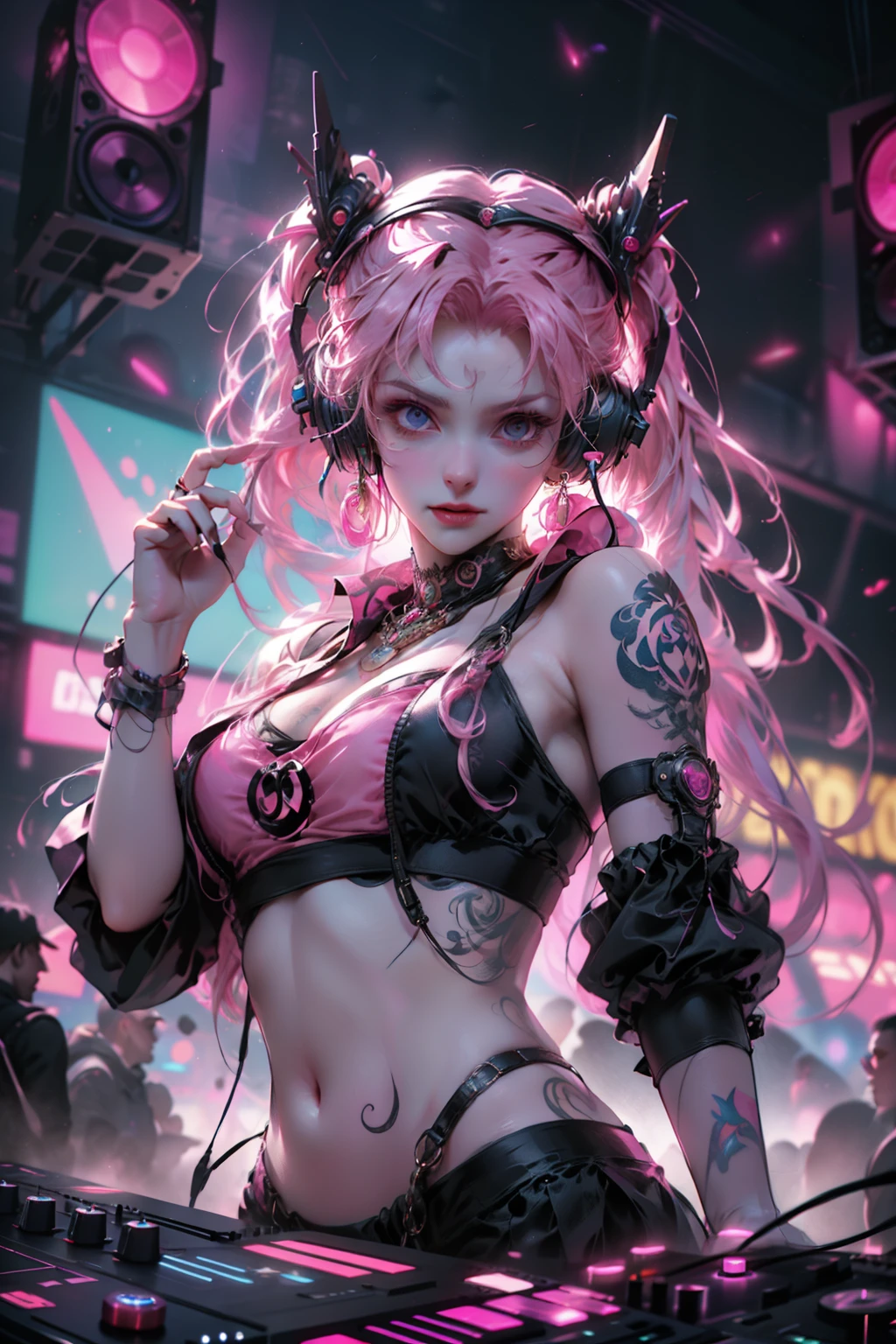 Upper body, Female DJ, Vampires,Wear a bikini,Tattooed with,Pink hair, Quirky, Vibrant appearance, Playful accessories, Bright colors,Creative behavior, Rambled, Sensual, Spontaneous, DJ headphones, Mixing Console, Music Clubs, night club, Independent cinema, People dancing on dance floor background, Underground danceclub, Highest quality, Skin texture, Intricate details, (Cinematic lighting), RAW photo, 8K,Psychedelic surrealist art,Surrealist psychedelic design,dream art style,Illusion psychedelic art, Colorful dark vectors,