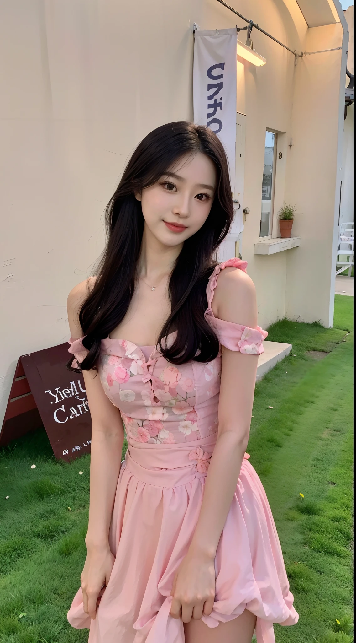 Close-up of a woman in pink dress standing on green lawn, Wearing a pink dress, young and cute girl, Wearing a pink dress, Pink floral dress, ulzzangs, beautiful pretty young, xintong chen, a cute young woman, beautiful Korean women, cute young woman, Gorgeous young Korean woman, cute beautiful, Beautiful young Korean woman