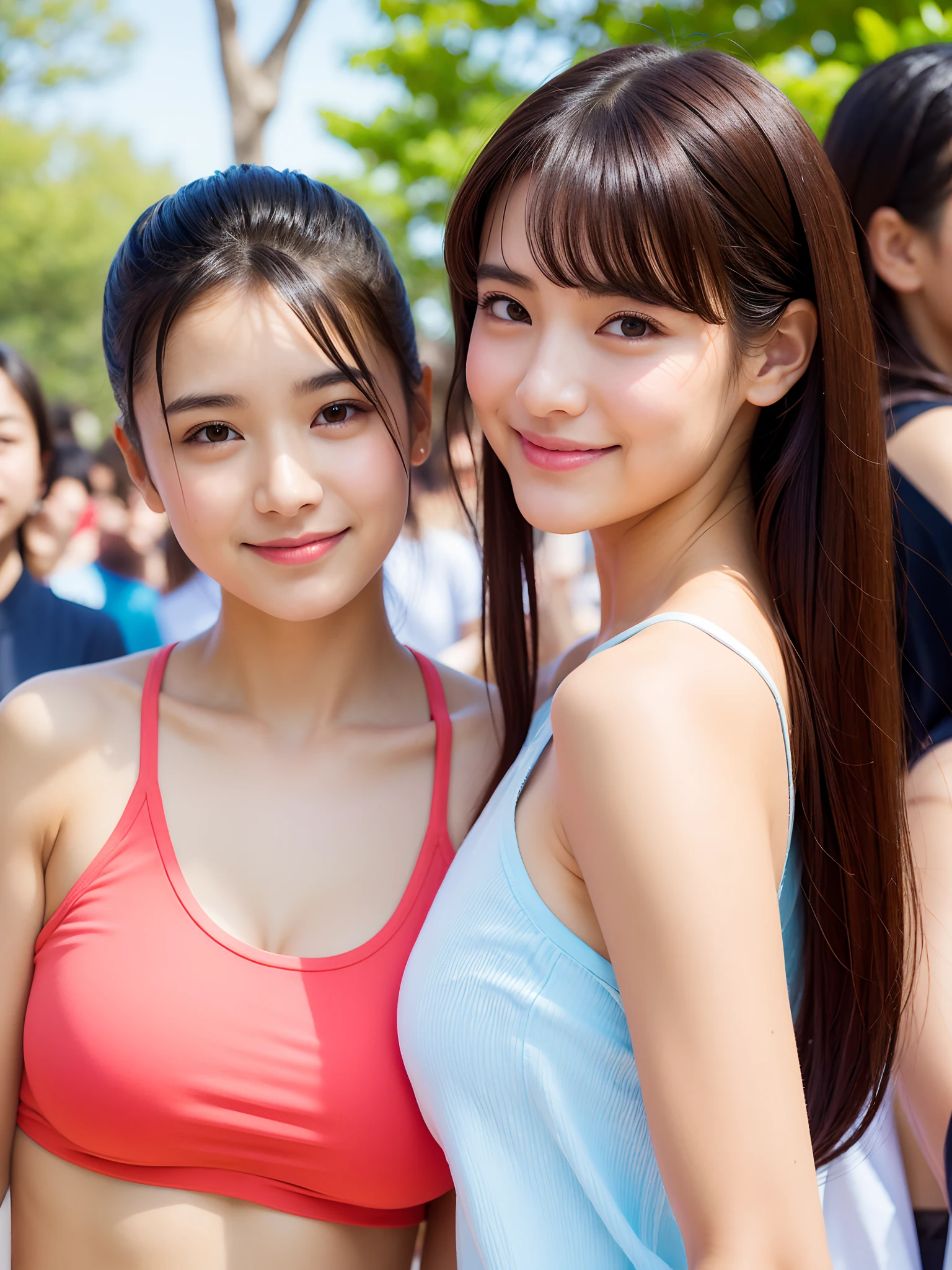 (8K、Raw photography、Photorealsitic:1.25)、(18 year old woman with beautiful perfect face)、In a large crowd of people、full of sweat、a towel、Expressing the fun party mood of the summer festival with colors and expressions、Raise your hand to cheer for the performers、fists up、(profile: 1.3)、tshirts、shortpants、lipgloss、shiny bare skin、top-quality、超A high resolution、Anatomically accurate body