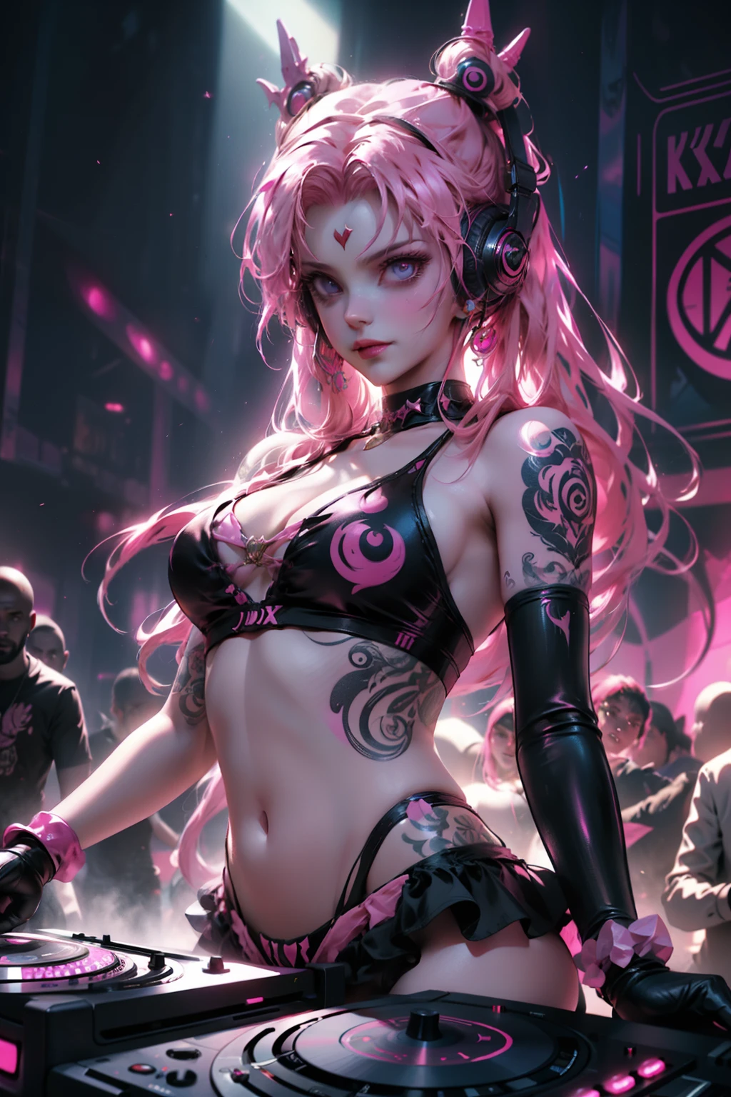 The upper part of the body, Female DJ, Vampires,Wear a bikini,Tattooed with,Pink hair, Quirky, Vibrant appearance, Playful accessories, Bright colors,Creative behavior, Rambled, Sensual, Spontaneous, DJ headphones, Mixing Console, Music Clubs, night club, Independent cinema, People dancing on dance floor background, Underground danceclub, Highest quality, Skin texture, Intricate details, (Cinematic lighting), RAW photo, 8K,Psychedelic surrealist art,Surrealist psychedelic design,dream art style,Illusion psychedelic art, Colorful dark vectors,