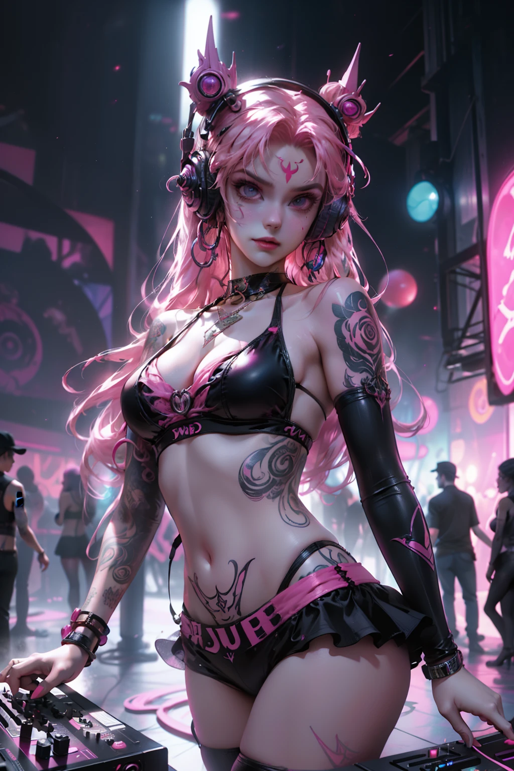 The upper part of the body, Female DJ, Vampires,Wear a bikini,Tattooed with,Pink hair, Quirky, Vibrant appearance, Playful accessories, Bright colors,Creative behavior, Rambled, Sensual, Spontaneous, DJ headphones, Mixing Console, Music Clubs, night club, Independent cinema, People dancing on dance floor background, Underground danceclub, Highest quality, Skin texture, Intricate details, (Cinematic lighting), RAW photo, 8K,Psychedelic surrealist art,Surrealist psychedelic design,dream art style,Illusion psychedelic art, Colorful dark vectors,