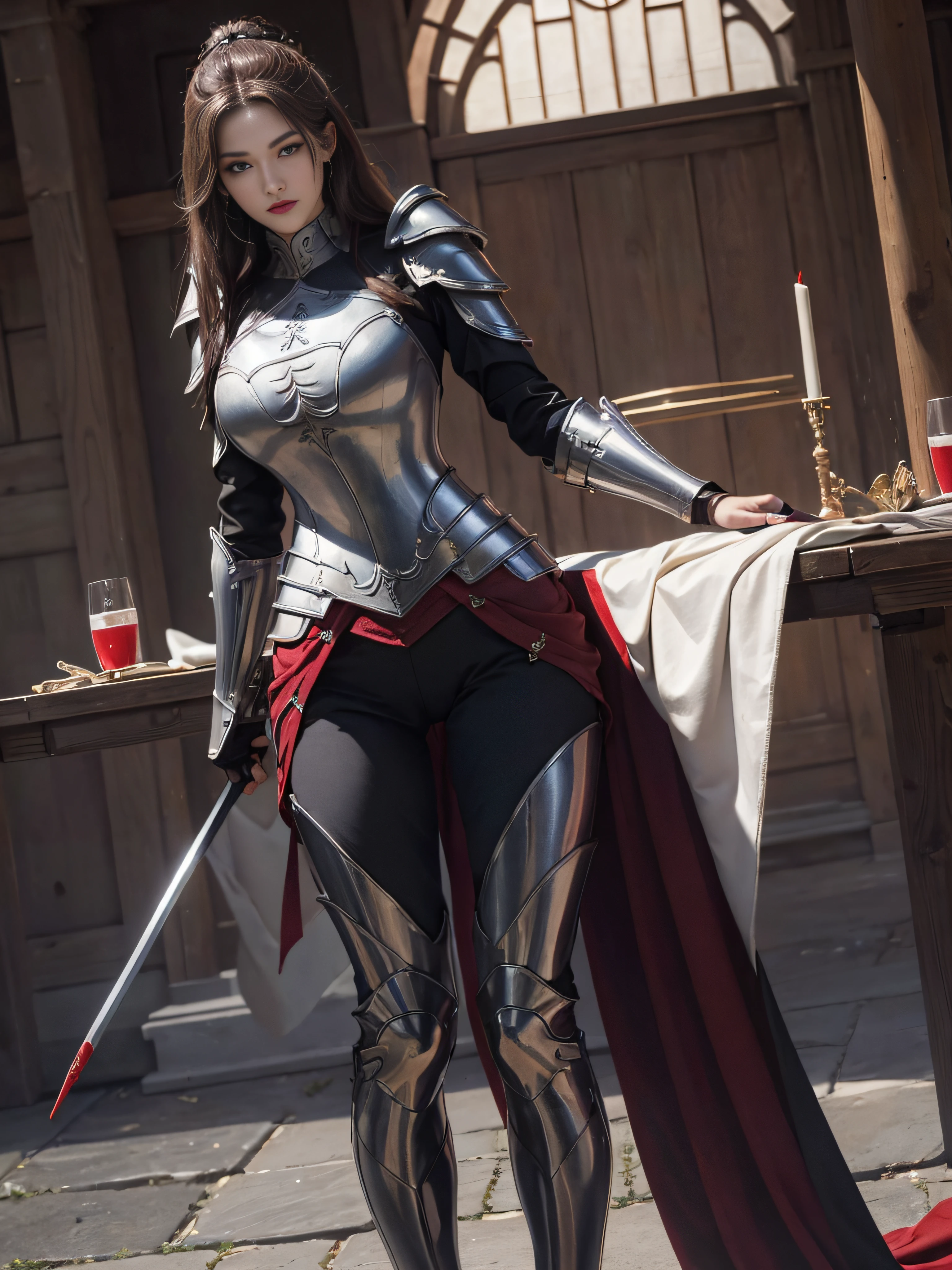 Chinese female general,Hua Mulan,Leather armor lined with reddish brown tabard,battlefield background,Bundle hair,