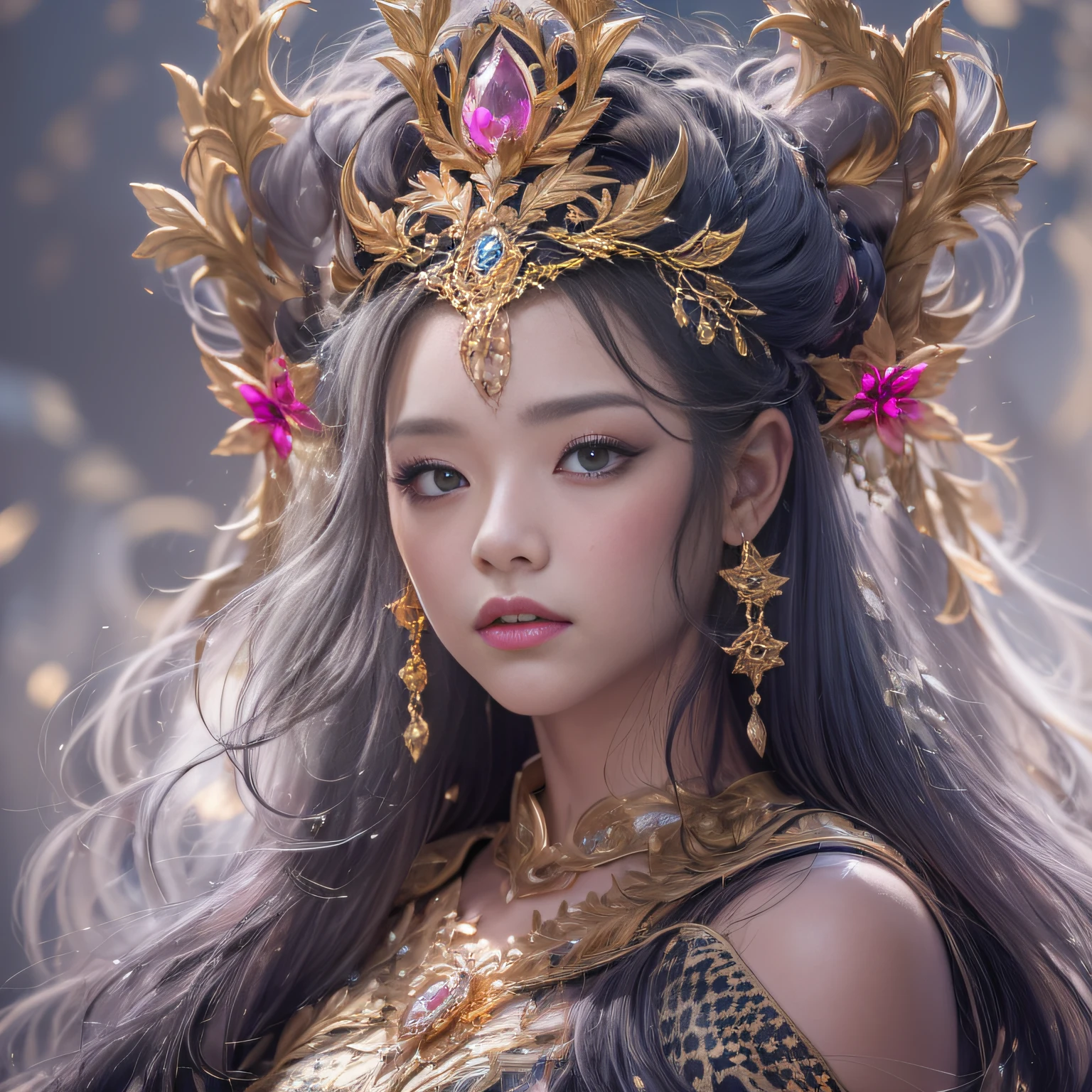 32K(tmasterpiece,k hd,hyper HD,32K)short detailed hair,Gold jewelry area in the back room,Flame Girl ,Yao Lang protector (realisticlying:1.4),Python pattern robe,Purple-pink tiara,Snowflakes fluttering,The background is pure,Hold your head high,Be proud,The nostrils look at people, A high resolution, the detail, RAW photogr, Sharp Re, Nikon D850 Film Stock Photo by Jefferies Lee 4 Kodak Portra 400 Camera F1.6 shots, Rich colors, ultra-realistic vivid textures, Dramatic lighting, Unreal Engine Art Station Trend, cinestir 800,Hold your head high,Be proud,The nostrils look at people