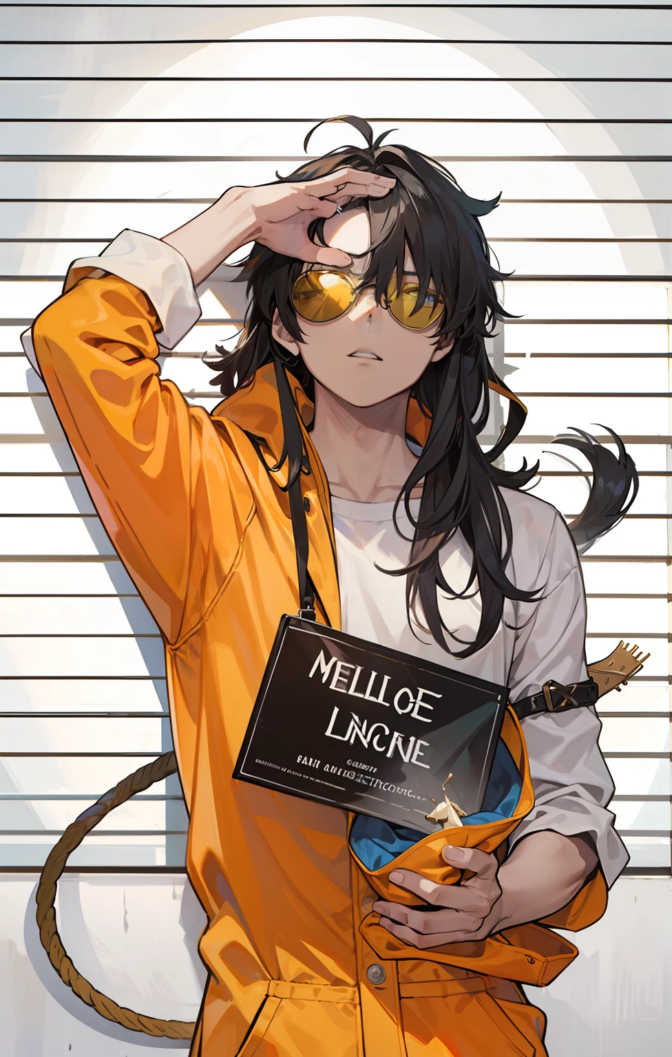 Obra prima, melhor qualidade, cinematiclight, dynamic light, 1 garoto, cabelos castanho, cabelo curto, cabelo pequeno , sun glasses, regata preta, pose segurando um cartaz, a hand fixing his hair