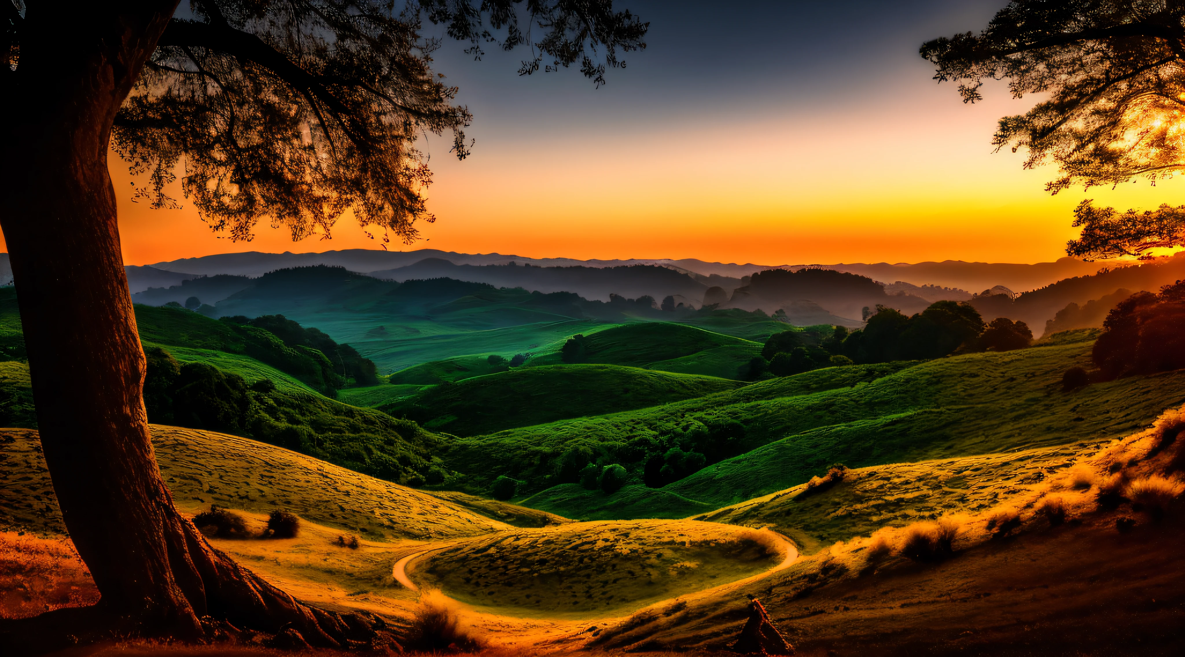 landscape, Sunset, evening glow, distant view, realistic, rich colors, gorgeous and colorful, hills, forest, wide-angle shot, evening hours, positive film type, naturalistic style, high-definition quality