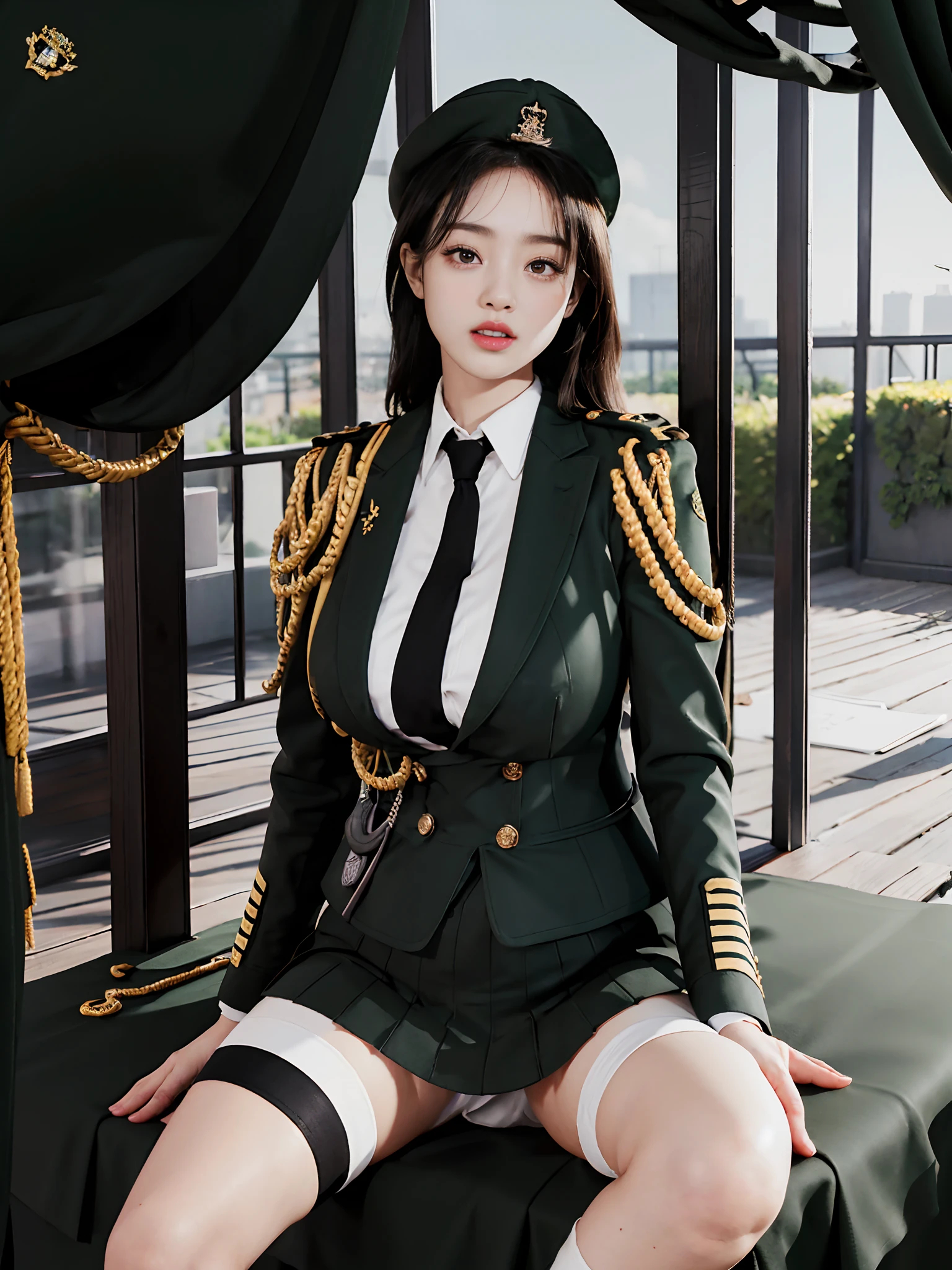 Usually detailed CG Unity 8K wallpaper，（tmasterpiece），（best qualtiy），（ultra - detailed），（Ultra photo realsisim），（best character detail：1.36），Nikon D750 f / 1.4 55mm，profesional lighting， physically-based renderingt, 1girll,  Female soldier，army suit，Dark green military uniform，Long-sleeved military uniform，Fabric texture military uniform，Pure white lining，A white shirt soaked in sweat pressed against his chest，Dark green tie，(Army green skirt)，military hat，Bare legged，Plump legs，whitestocking，White panties are slightly exposed at the bottom of the skirt，without wearing shoes，Black hair，the golden ratio,[:(com rosto detalhado:1.2):0.2]:，PureErosFace_V1, broad shoulder,(Plump breasts:1.5)，(Bigchest:1.5),(big assa:1.5),In the square，Splendid scenery，bright sun，RAW photogr，frontal photos， Look at the audience head-on，lighting，Contre-Jour，Bright smile，White teeth，