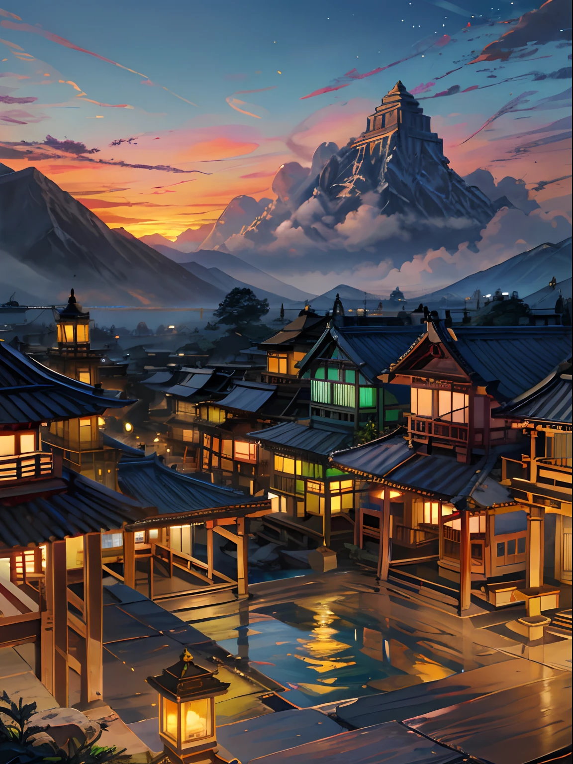 "Ancient Indian city with a mesmerizing view of mountains, shrines, pagodas, and waterfalls. The calmness of the scene is accentuated by the presence of clouds and traditional houses. A digital painting capturing the beauty of the sunset and the wind gently blowing. Concept art that evokes a sense of tranquility and showcases the intricate details of the illustration."