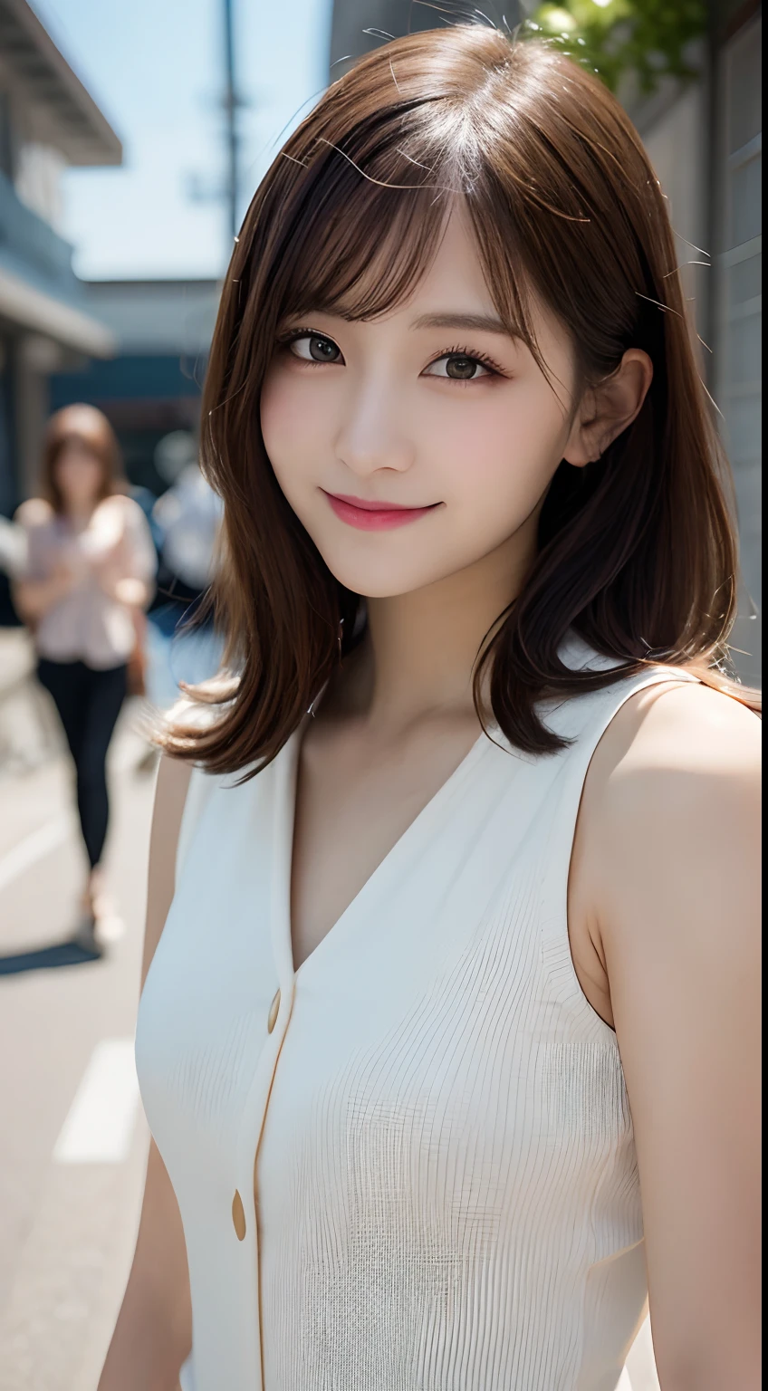 masutepiece, Best Quality, Illustration, Ultra-detailed, finely detail, hight resolution, 8K Wallpaper, Perfect dynamic composition, Beautiful detailed eyes, summer blouse setup clothes,Medium Hair,Small breasts natural color lip, Bold sexy poses,Smile,Harajuku、18 years girl、Cute、Sexy shot looking at camera