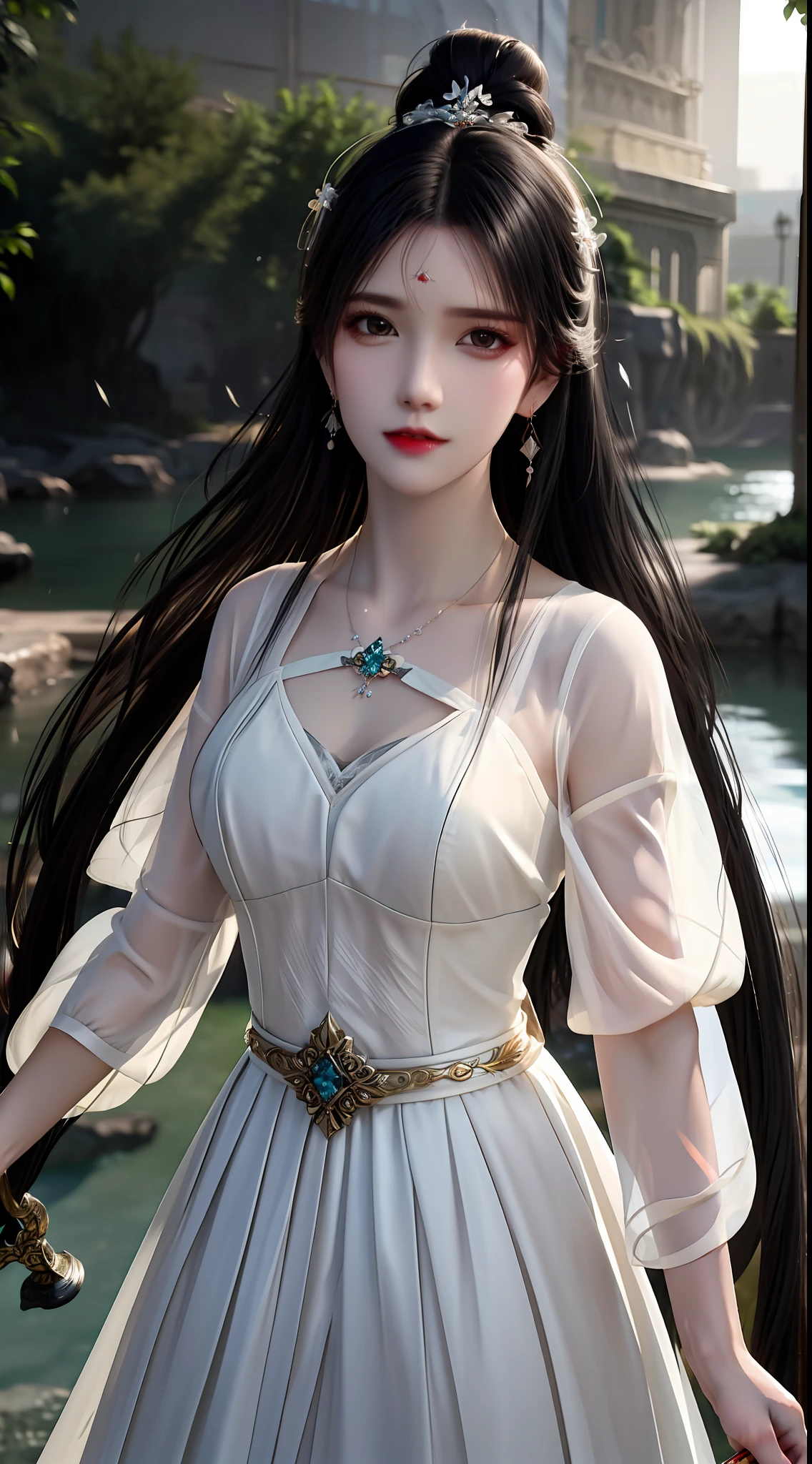 best quality,masterpiece,highres,cg,
1girl,weapon,sword,long hair,dress,water,solo,jewelry,white dress,earrings,hair ornament,splashing,upper body,hair bun,black hair,
lighting,candid,Photograph,high resolution,4k,8k,Bokeh,