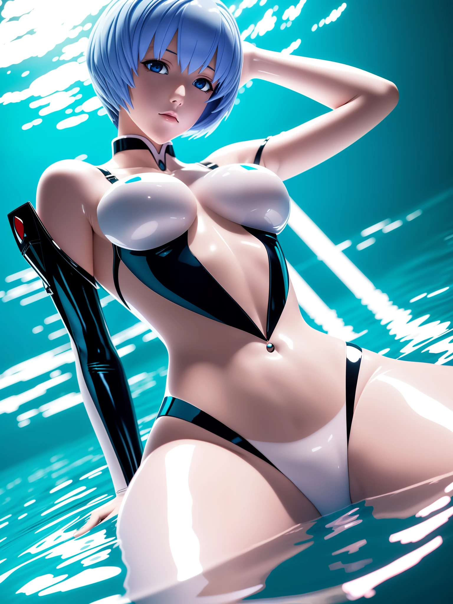 tmasterpiece,8K clarity,Shin Evangelion,A girl like Rei Ayanami,The whole body is tightly wrapped in latex clothing,The clothes perfectly show the woman's body,The breast position exposes the skin of the chest,Perfect long legs,Tiptoe,Perfect look,perfect eyes,Cinematic lifelike picture,medium boob,The girl gently looks sideways at the audience,The girl raised her hands behind her back,The girl lies in the shallow water