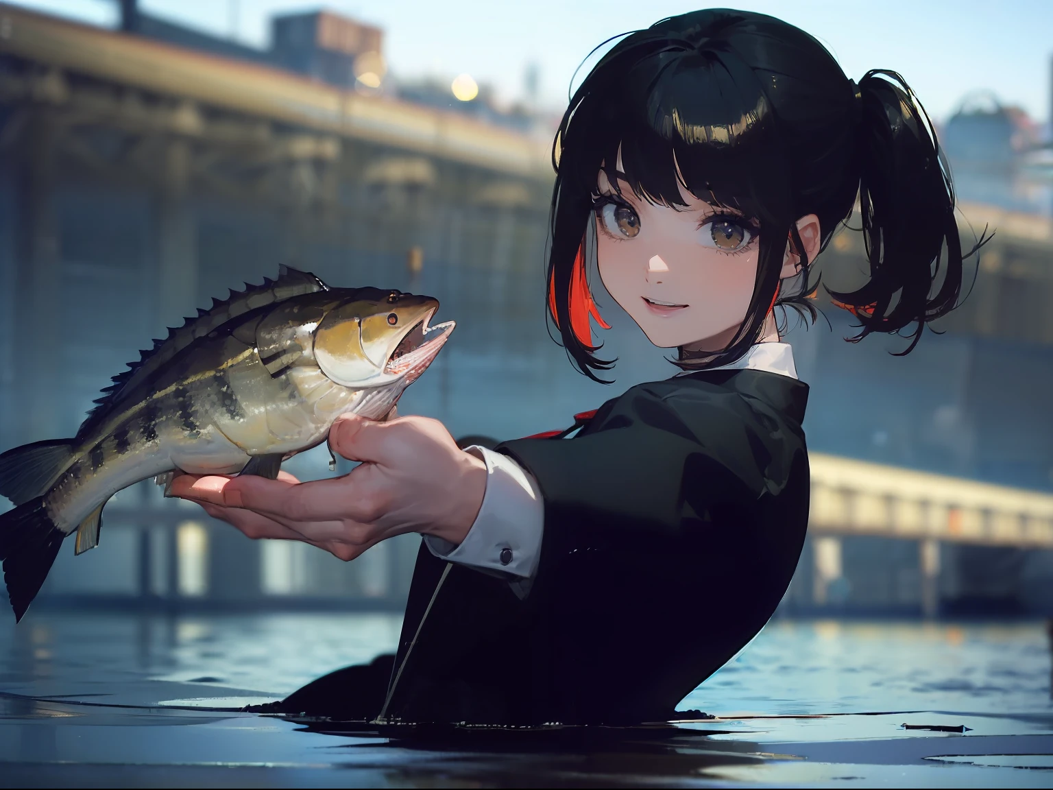 ((((Catch a big black bass by the lakeside:1.5)))),((1 Female 22 years old))((Best Quality, masterpiece :1.5)),(((Hands with the correct number and structure of fingers:1.4))),hight resolution,ultra-detailliert,​masterpiece,best qualtiy,,Black hair, long eyeslashes, Solid Circle Eyes, Smiling Woman, drop shadow, Atmospheric perspective,Super Detail, ccurate, small brest,(Black jacket :1.1),top-quality, blurry backround, bokeh dof:1.2, (​masterpiece:1.3),  Atmospheric perspective,Super Detail,dynamic compositions