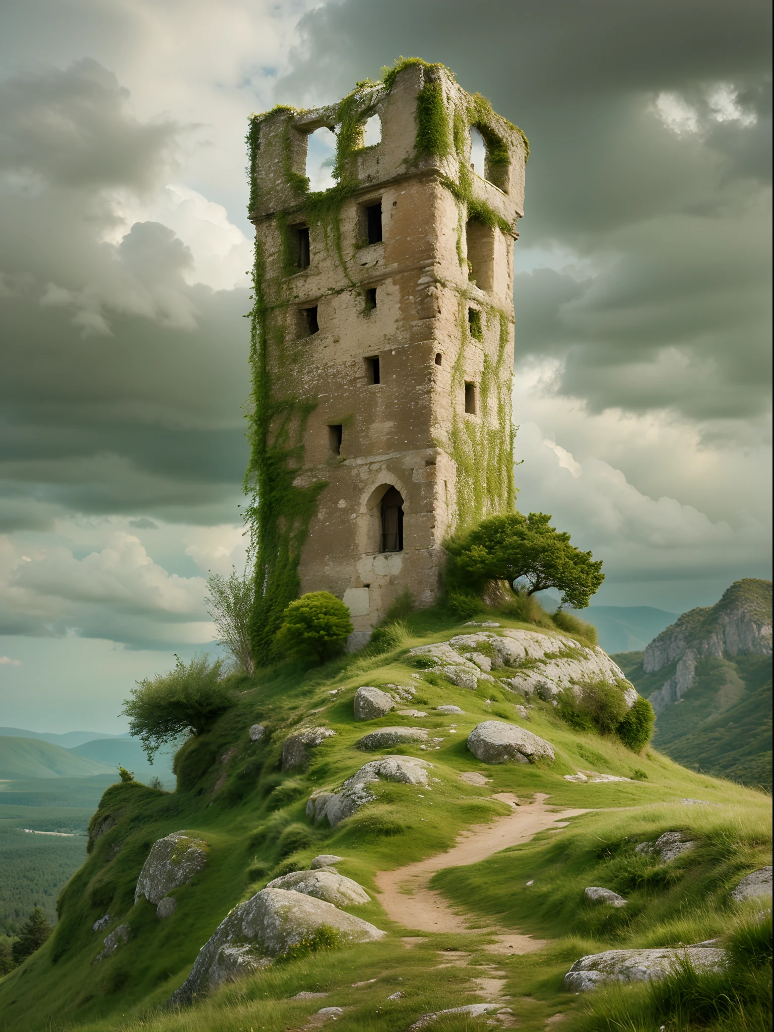 Torre medieval abandonada, On a rocky mountain in the middle of the Spanish meadow, estilo de Ferdinand Knab