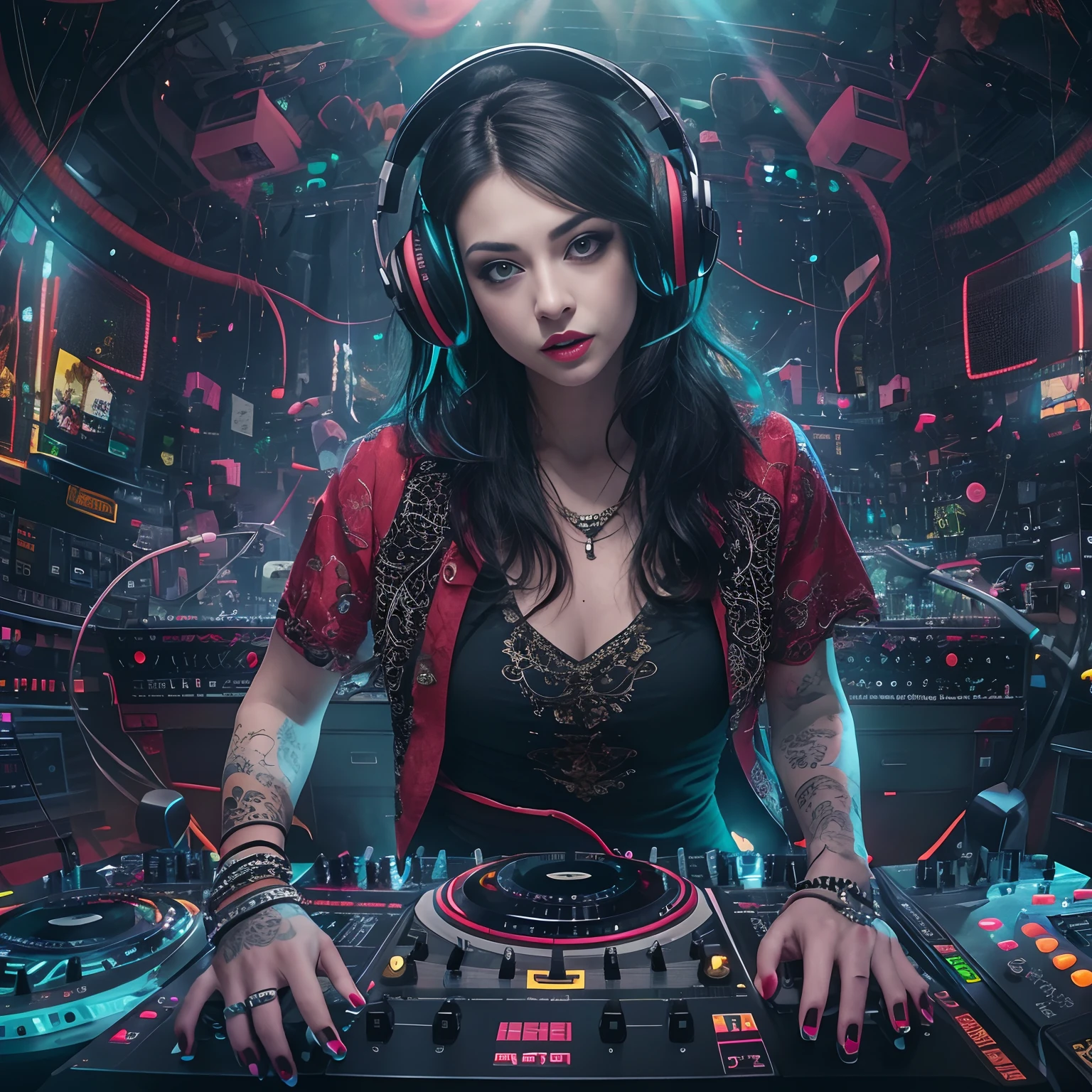 Upper body, Female DJ, Vampires,比基尼, Quirky, Vibrant appearance, Playful accessories, Creative behavior, Rambled, Sensual, Spontaneous, DJ headphones, Mixing Console, Music Clubs, night club, Independent cinema, People dancing on dance floor background, Underground danceclub, Highest quality, Skin texture, Intricate details, (Cinematic lighting), RAW photo, 8K