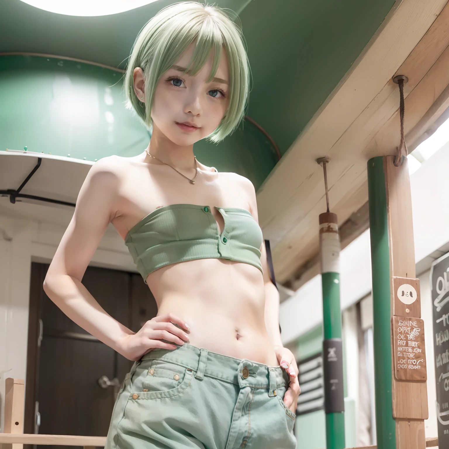 (((Tube Top)))、(((small tits)))、pale green hair、A slender、Shorthair、Bright interior、Soio、shortpants、(general store)、Hands on hips、A smile、ite body、flat chest、hightquality