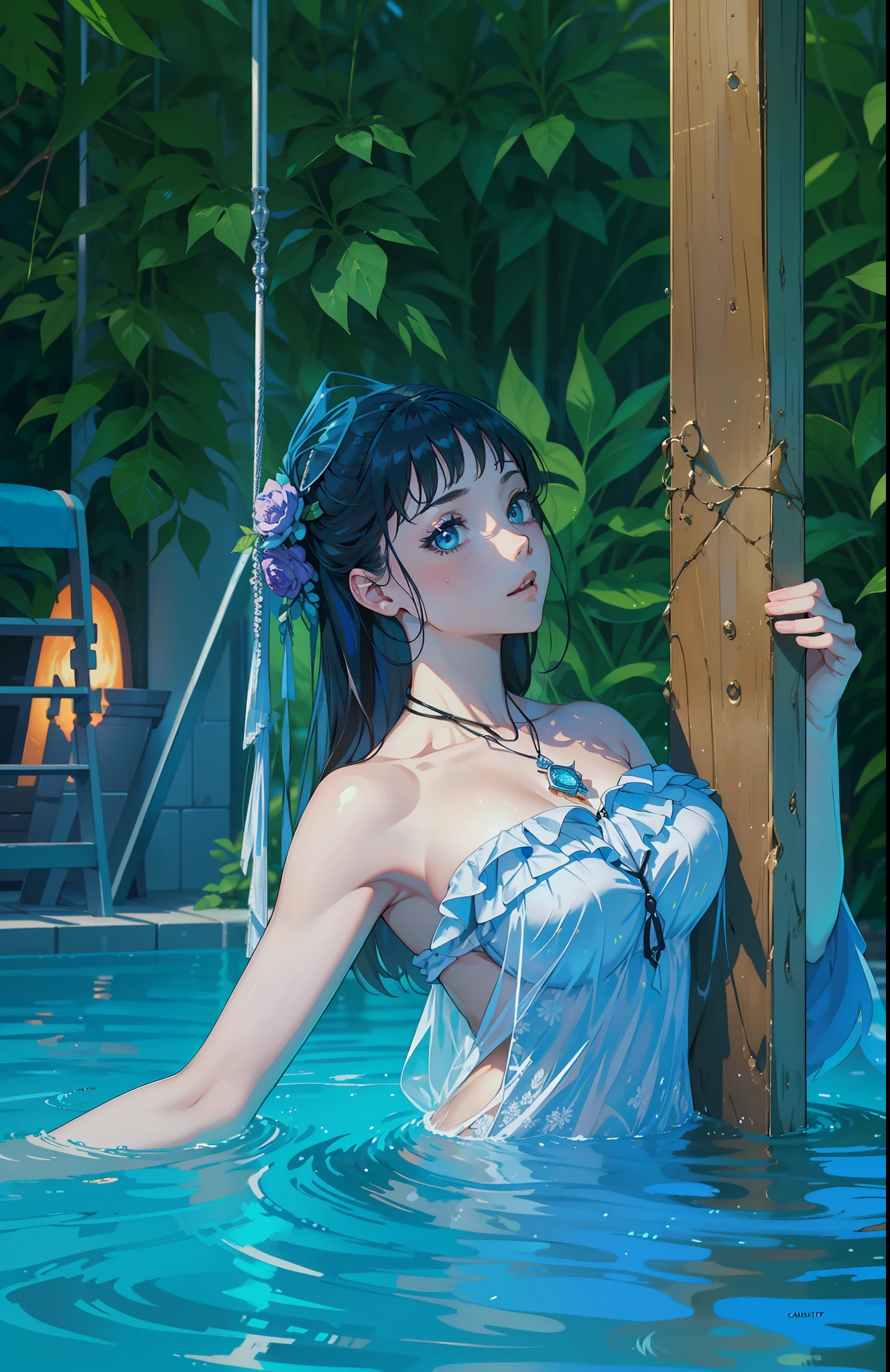 (names), ((Best quality)), (super detailing), 1 girl, Face down, Dark blue hair color, short detailed hair, Sea, Sunrise, Conque, ((NSFW See-Through Lingerie)), Hair between the eyes, Dark blue eyes, Beaded bracelet, wrist scrunchie, long fingernails, Blush, Sweat, Wet body, By bangs, Small breasts, fixed fingers, looking back at the viewer, full bodyesbian, rich details, Perfect image quality, --auto