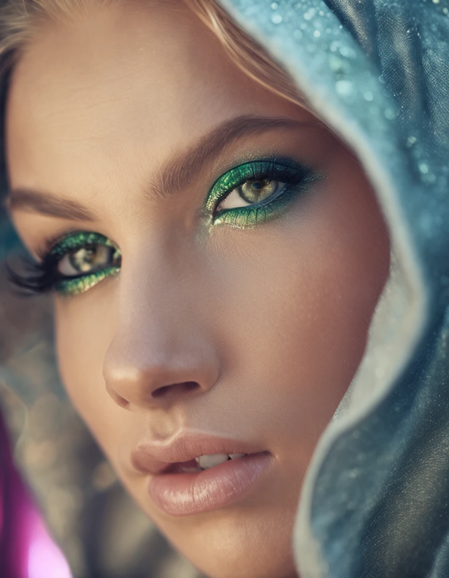 A very close up photo, face, a beautiful girl with emeralds in her eyes, diamond hair, perfect skin, gleaming eyes, seductive gaze