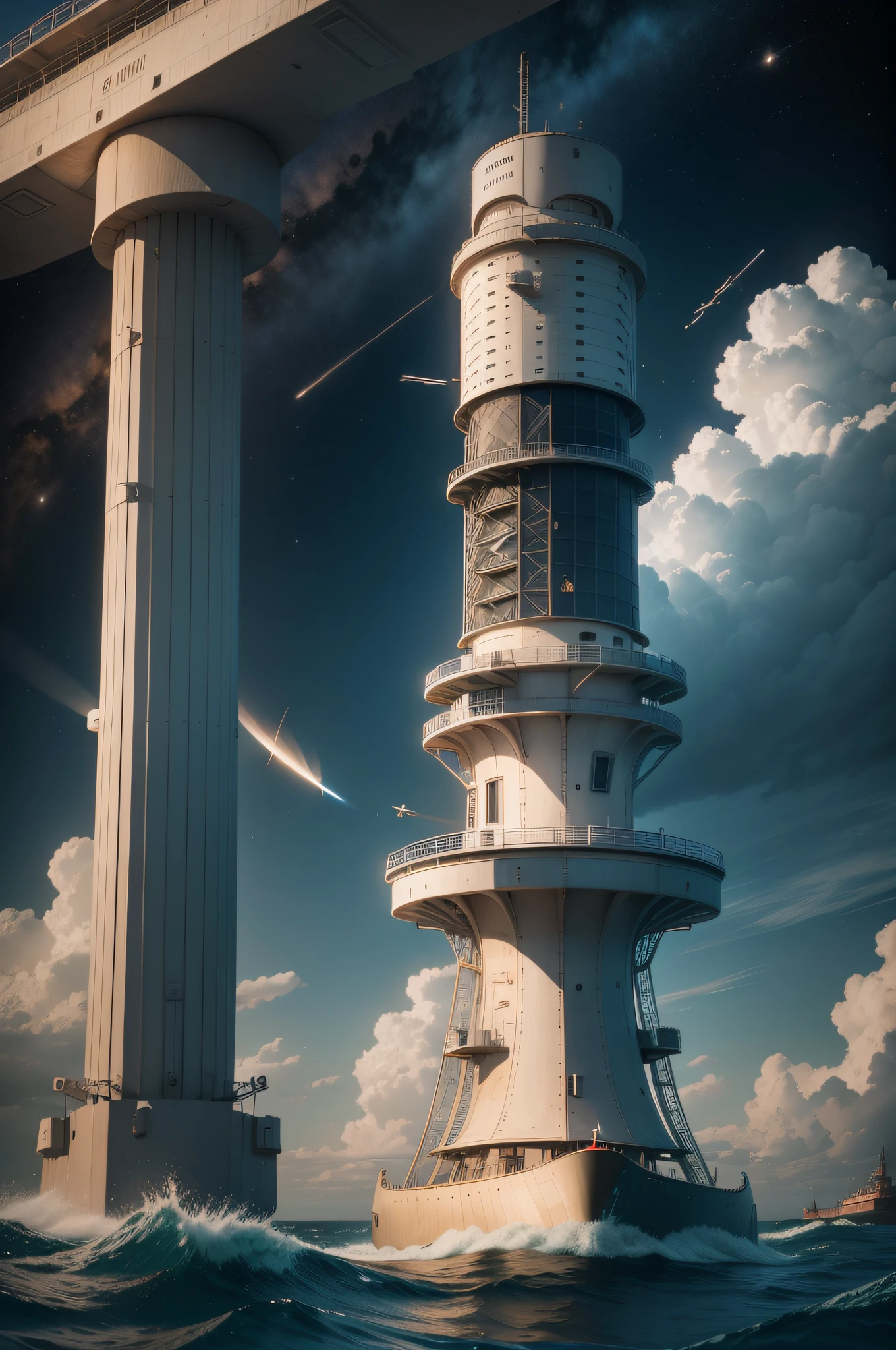 the sea,correspondence,electromagnetic wave,base station,das boot,There are satellites in the sky,Tower,radar,Receive the signal,Maritime technology,Frontier of scientific and technological innovation,Best quality at best,tmasterpiece,photograph of-realistic,Complicated details,RAW photogr,Photon rendering,8K masterpiece