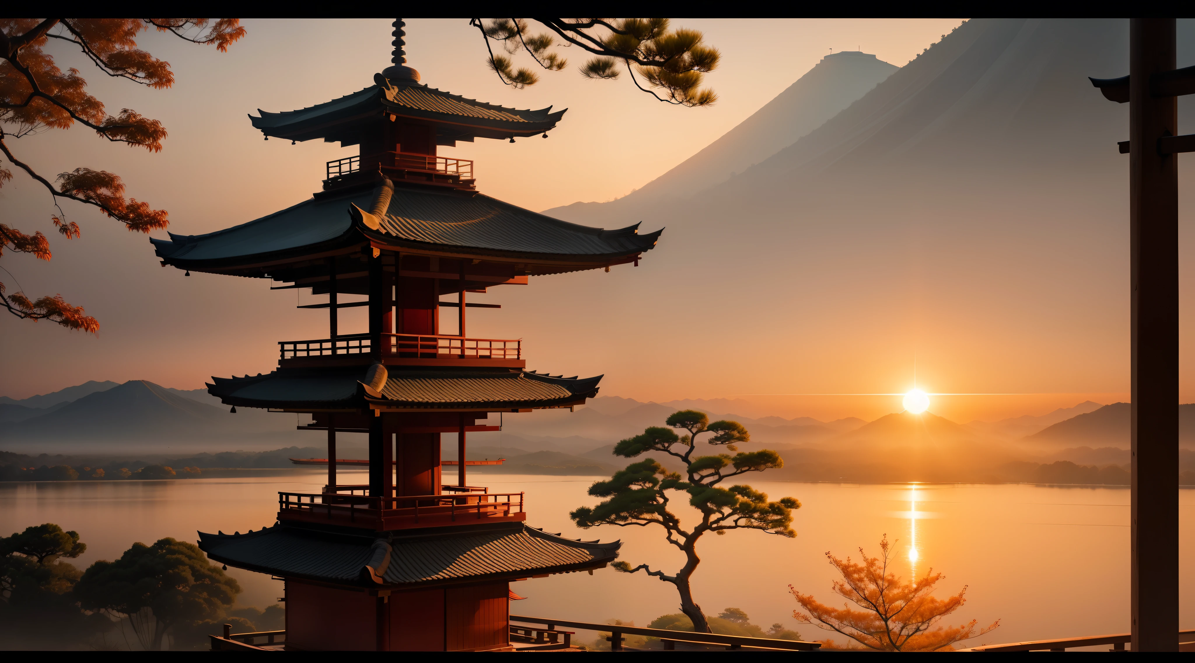 sun rising from behind japanese pagoda trees sunrise,