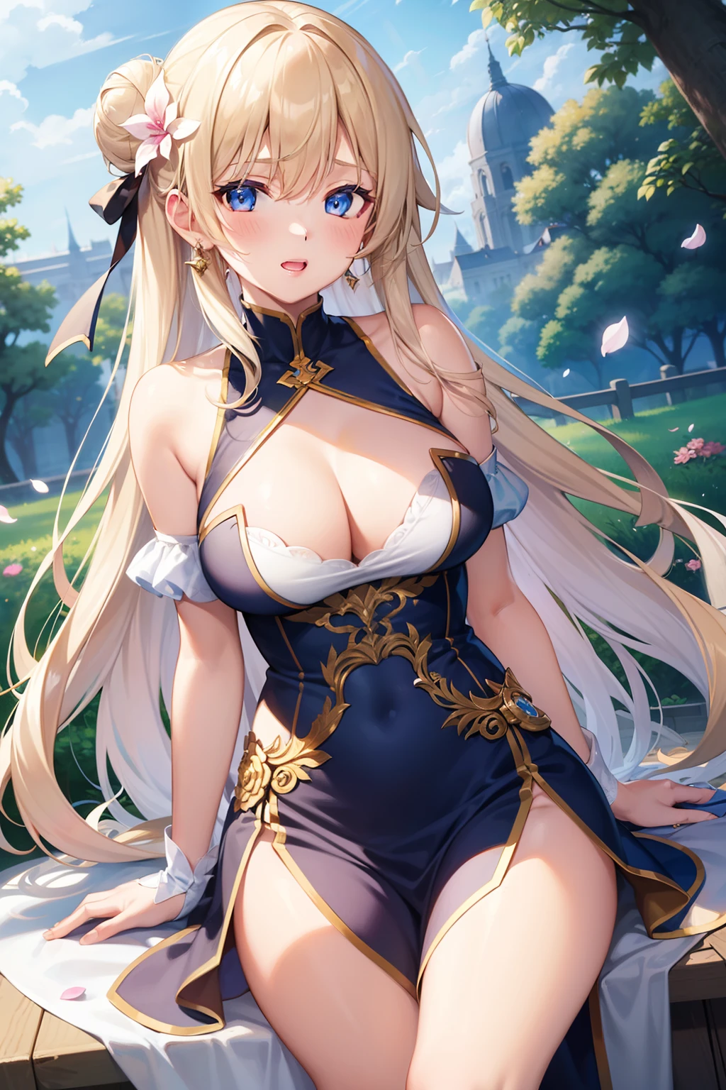 1girl in, Best Quality, Illustration, Ultra-detailed, hight resolution, masutepiece, extremely delicate and beautiful, Best Illustration, Very high resolution, delicate composition, Game CG, novel illustration, student clothes, , Long hair, Blonde hair,, Large breasts, Blue eyes, Beautiful eyes, Beautiful , side locks, Round face, Short shaving surface Depth of field, Wind, , Head tilt, Magical fantasy effect, Hair Flower, a large number of petals, powder light , Oil Painting,, , ,poneyTail, Outdoors, Hair Flower , Single hair bun, , , Glowing eyes, , lightsmile, Dynamic Angle, , earrings, , , , ,temple, , , ,, ,, light skinned, , , , ,, Open mouth, blush, Beautiful scene, Thigh, watercolor paiting (Medium), cleavage cutout