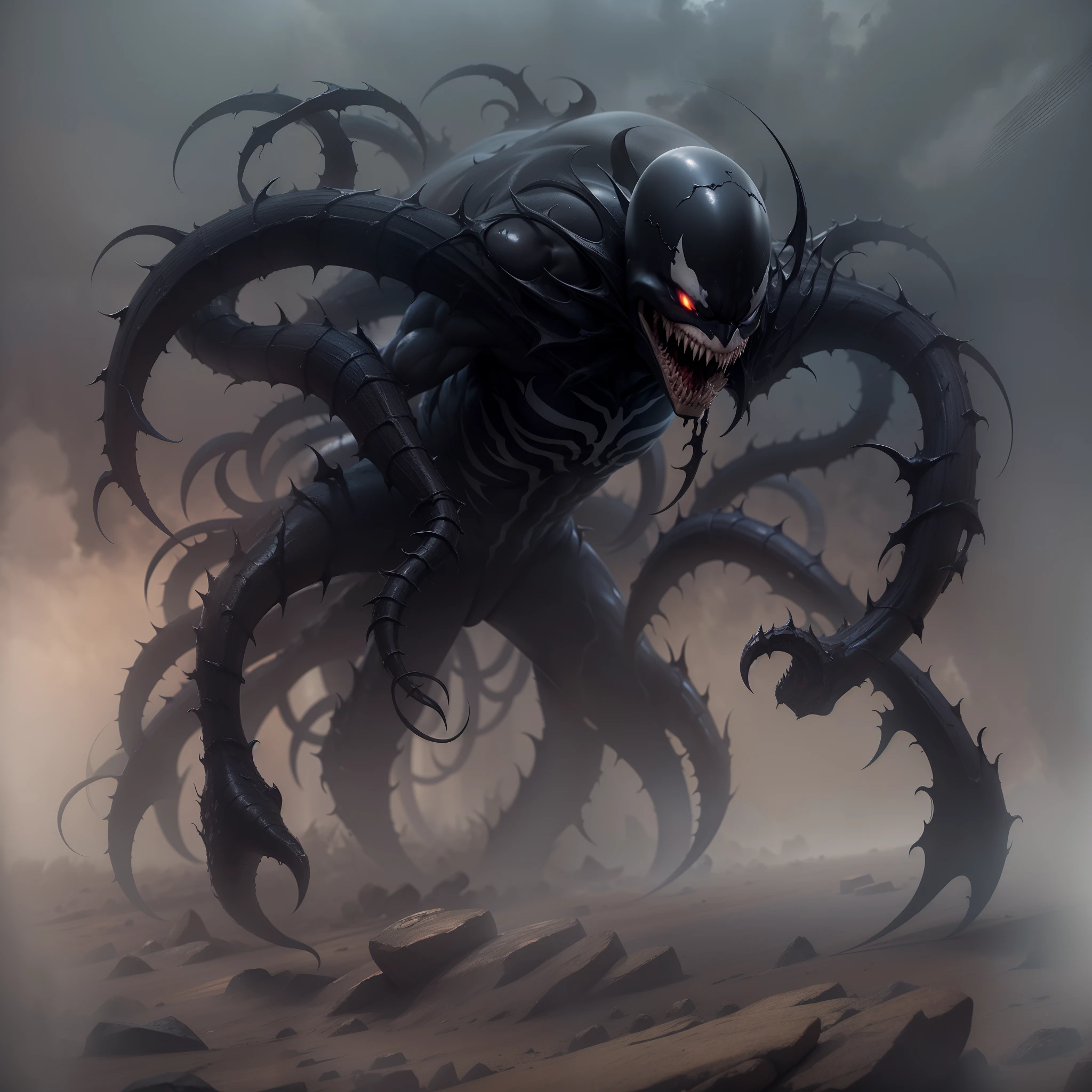 "Black venom emerges from the ground amidst a hazy sky."