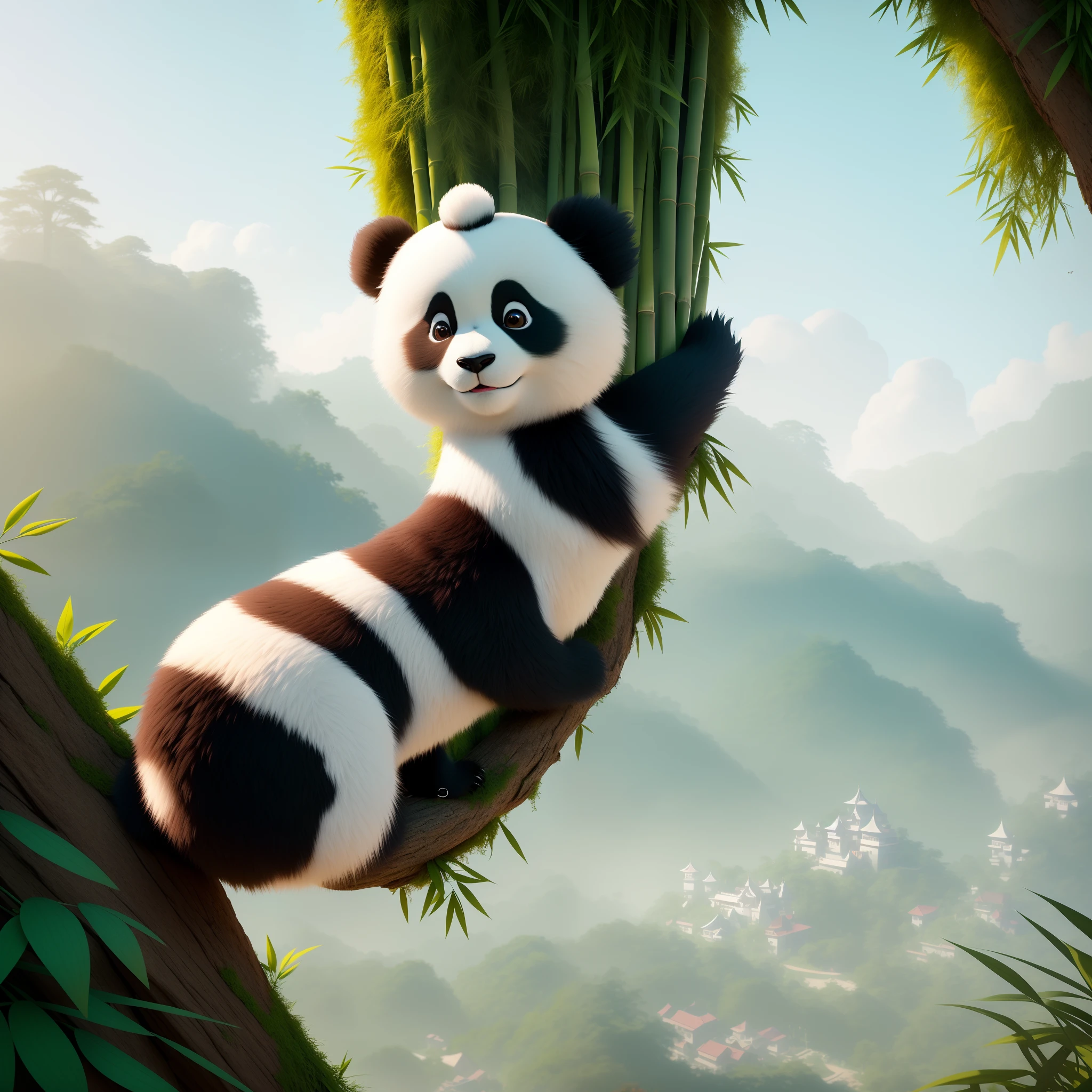 tmasterpiece), (Need), (super-fine), (Face away from the camera), ultra cute，pandas,Climb the wall，The edge of the wall has a green refreshing bamboo forest，PIXAR style，Head over the edge, Cute panda, , thick fluffy tail, Fluffy tail, close-up shot from behind, Delicate and delicate, Fairytales, Incredibly high detail, pixar-style, bright color palette, natural soft light, Simple background in solid color, Octane rendering, Trends on Artstation, opulent, ultra-wide-angle, 8k, k hd, realisticlying