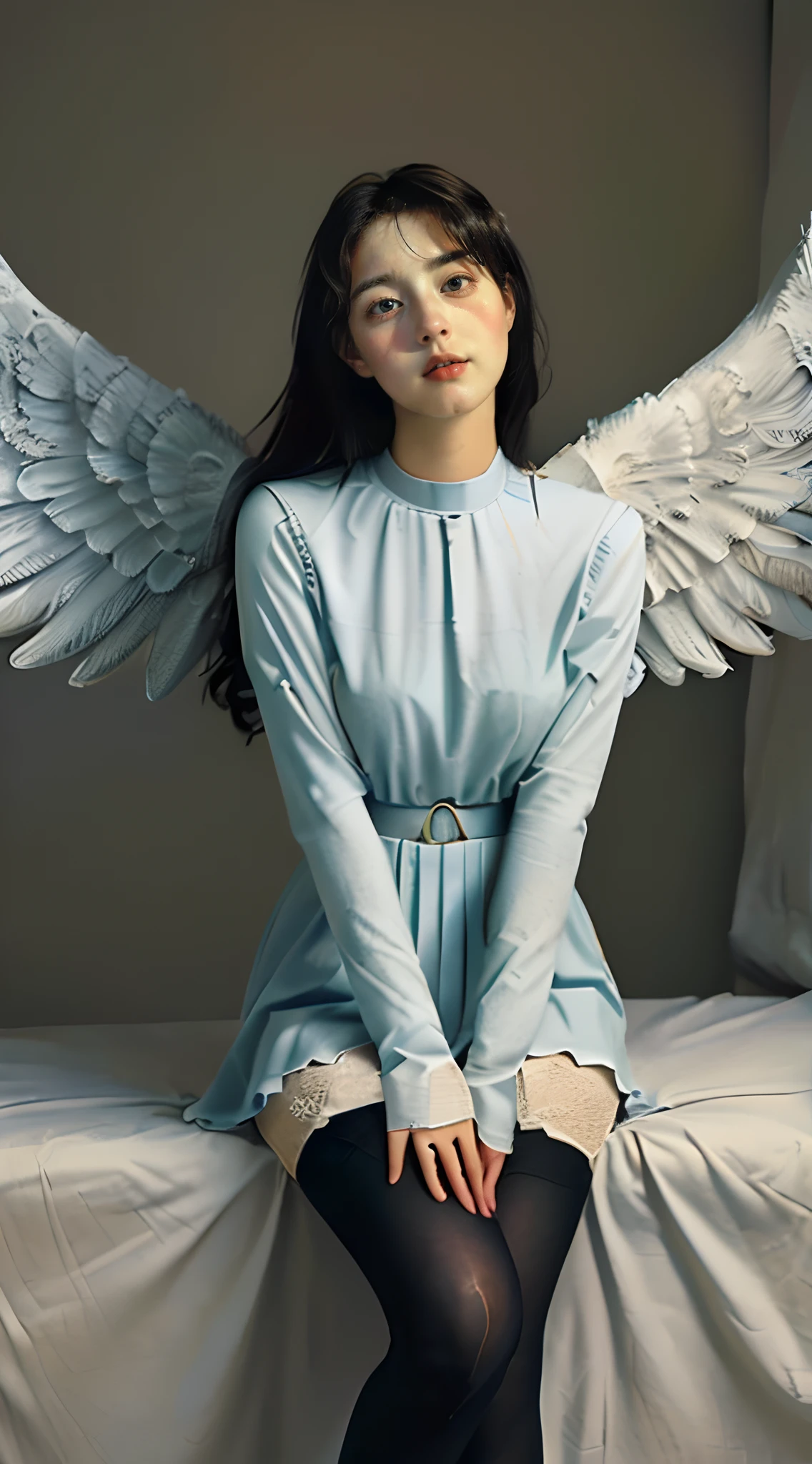 (((Holy Guardian Angel. 19 years old))) (((Vintage vintage image))) ((( A serious and reverent face. Has a sweet and gentle appearance))) (tmasterpiece, SuperiorQuality, Better quality, offcial art, Beautiful and aesthetic: 1.2), (1girll), extremely detaile, (s fractal art: 1 Black stockings