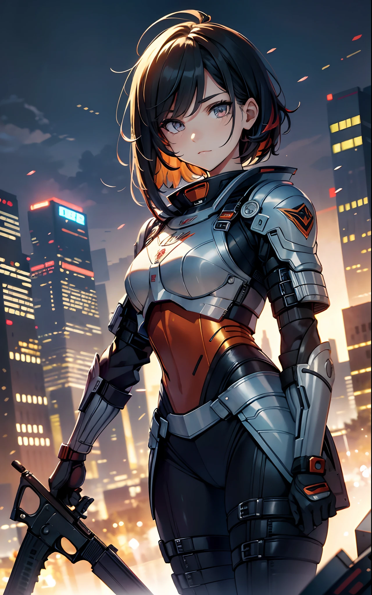 best qualityer,tmasterpiece,Ultimate resolution,downy,Extremely colorful,Colorful,Female combatants,a matural female,short detailed hair,holding gun,Tight combat suit,Steel City background,Normal posture,Normal posture