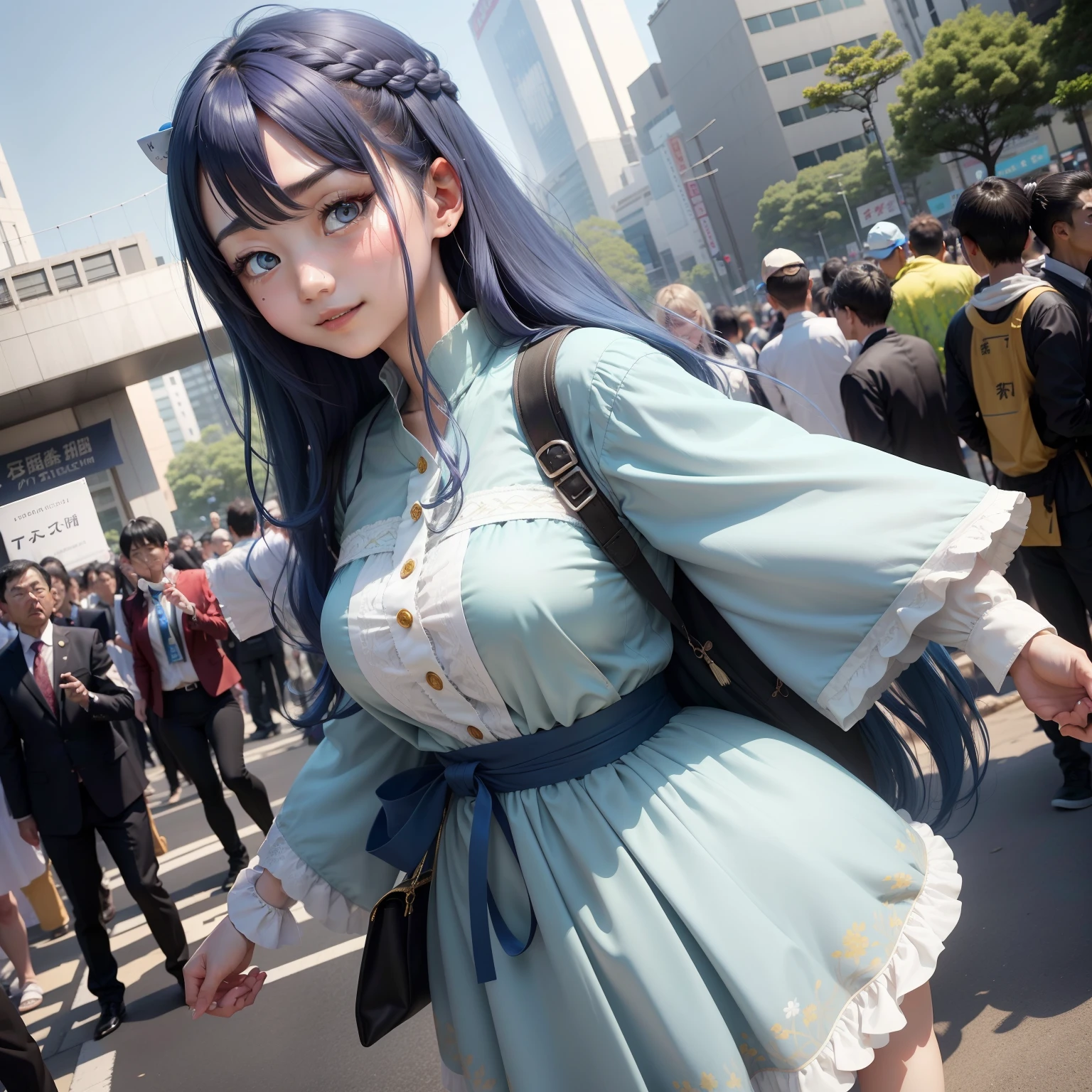 high-level image quality、​masterpiece、8K、1womanl、japanes、Konata Izumi（Rakisuta）、32years old、adult lady、Woman with a young body type、Saint a girl、小柄、1 persons、独奏、One person on the screen、Empty bangs、Hair color is dark light blue、Hair is light blue、Longhaire、Long hair to the waist、Fetishes、Large bouncing hairs on the crown of the head,、Light green eyes、Green eyes、big eye、Hanging eyes、nerdy、Active、Cheerful、Fluffy smile、Wear a yellow dress、Small udder、almost no udder、small tits、Stand with your right hand raised、Decide on a pose、full of sweat、perspiring、outside of house、The background is Tokyo Big Sight, Japan、Dōjinshi fair、traffic jam