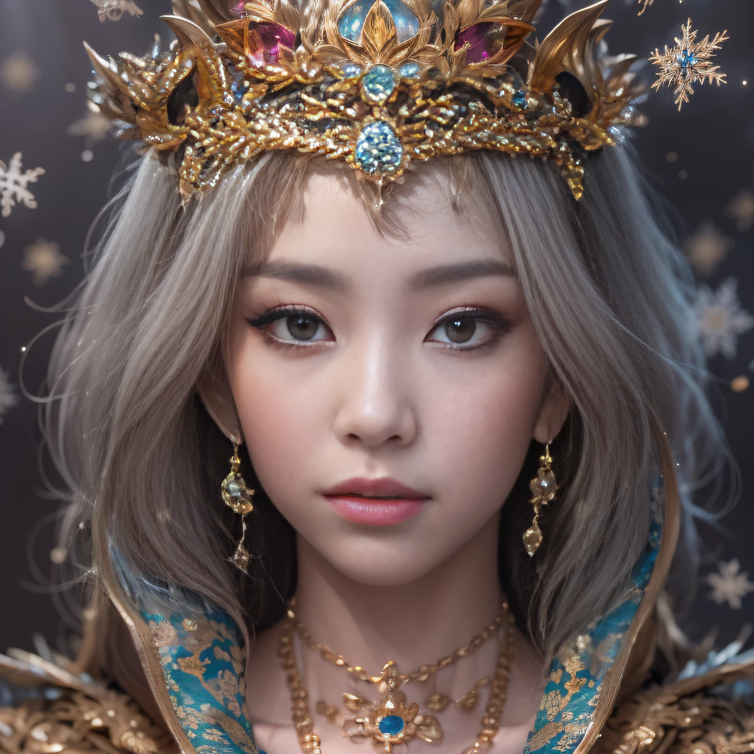 32K（tmasterpiece，k hd，hyper HD，32K）short detailed hair，Gold jewelry area in the back room，Flame Girl ，Yao Lang protector （realisticlying：1.4），Python pattern robe，Purple-pink tiara，Snowflakes fluttering，The background is pure，Hold your head high，Be proud，The nostrils look at people， A high resolution， the detail， RAW photogr， Sharp Re， Nikon D850 Film Stock Photo by Jefferies Lee 4 Kodak Portra 400 Camera F1.6 shots, Rich colors, ultra-realistic vivid textures, Dramatic lighting, Unreal Engine Art Station Trend, cinestir 800，Hold your head high，Be proud，The nostrils look at people