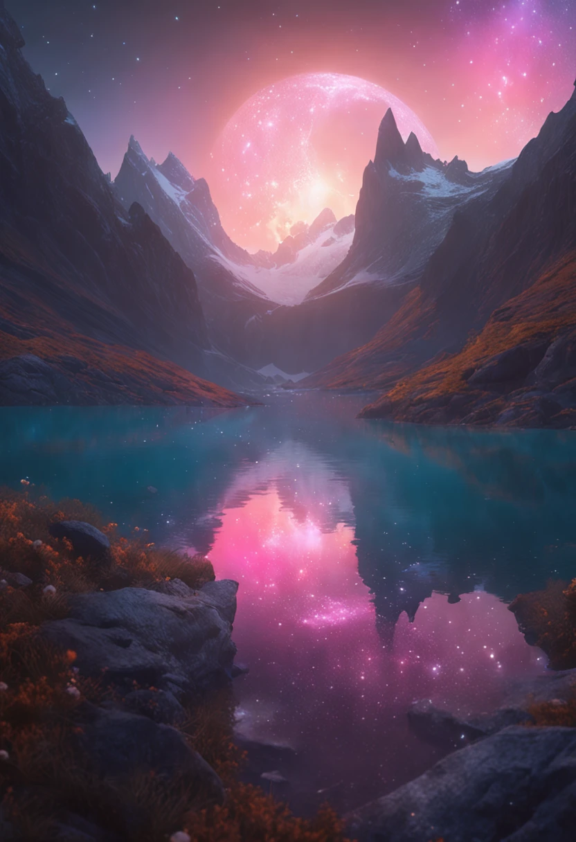 Starry Sky with Mountains and Lake, Jessica Rossier, Inspired by Jessica Rossier, Jessica Rossier Fantasy Art, Concept Art Magic Highlights, Official Artwork, Dream Painting, Ethereal Realm, Atmospheric artwork, dreamy matte paintings, serene endless stars inspired by Ted Nasmith, moonlit starry environments, epic music album covers.