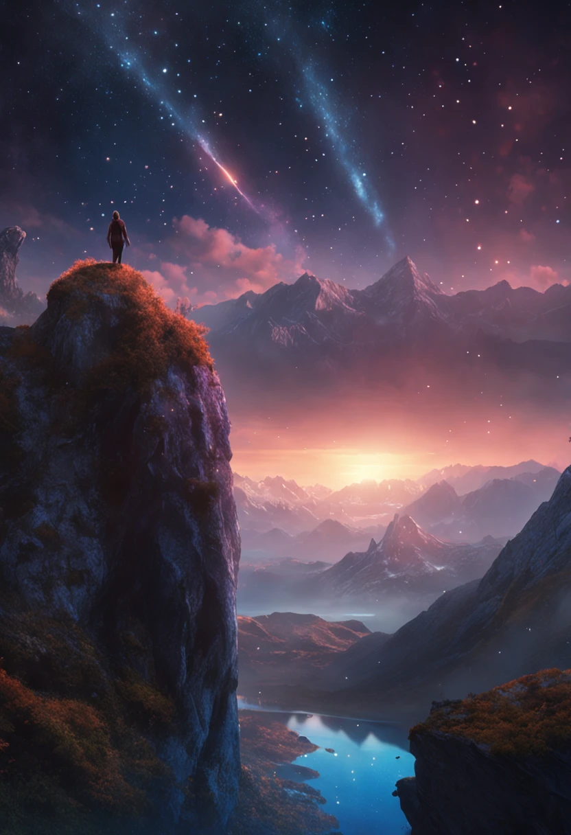 Starry Sky with Mountains and Lake, Jessica Rossier, Inspired by Jessica Rossier, Jessica Rossier Fantasy Art, Concept Art Magic Highlights, Official Artwork, Dream Painting, Ethereal Realm, Atmospheric artwork, dreamy matte paintings, serene endless stars inspired by Ted Nasmith, moonlit starry environments, epic music album covers.