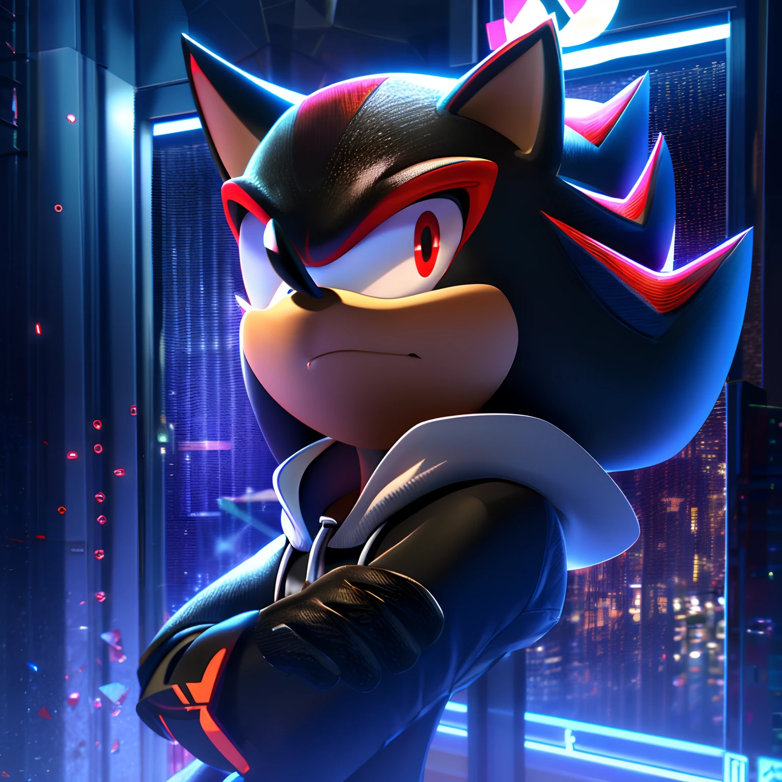 shadow the hedgehog with a hoodie, on a nightclub entrance, in the city, at night, 8k