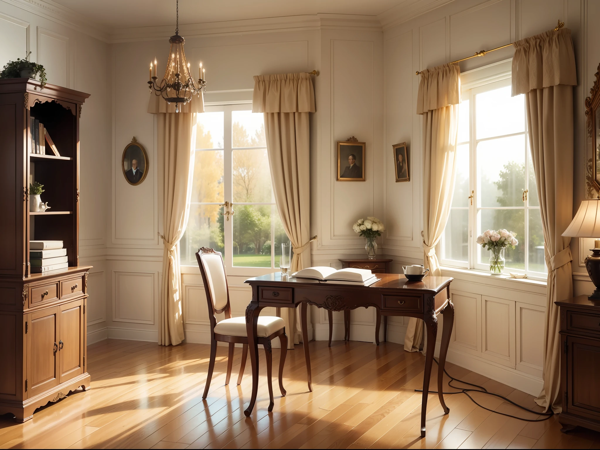 European light retro style study,Interlaced brown wood grain floors,Beige simple pattern wallpaper,Wooden wainscoting under the walls,Patterns of several frames,large french window,Outside the window are greenery,The undrawn curtains are beige,Large rectangular wooden desk,Leather table cushion with gold border,There are books on it,Vase with roses,Next to it is a floor lamp,hyper HD,Very detailed,Best quality,Masterpiece。