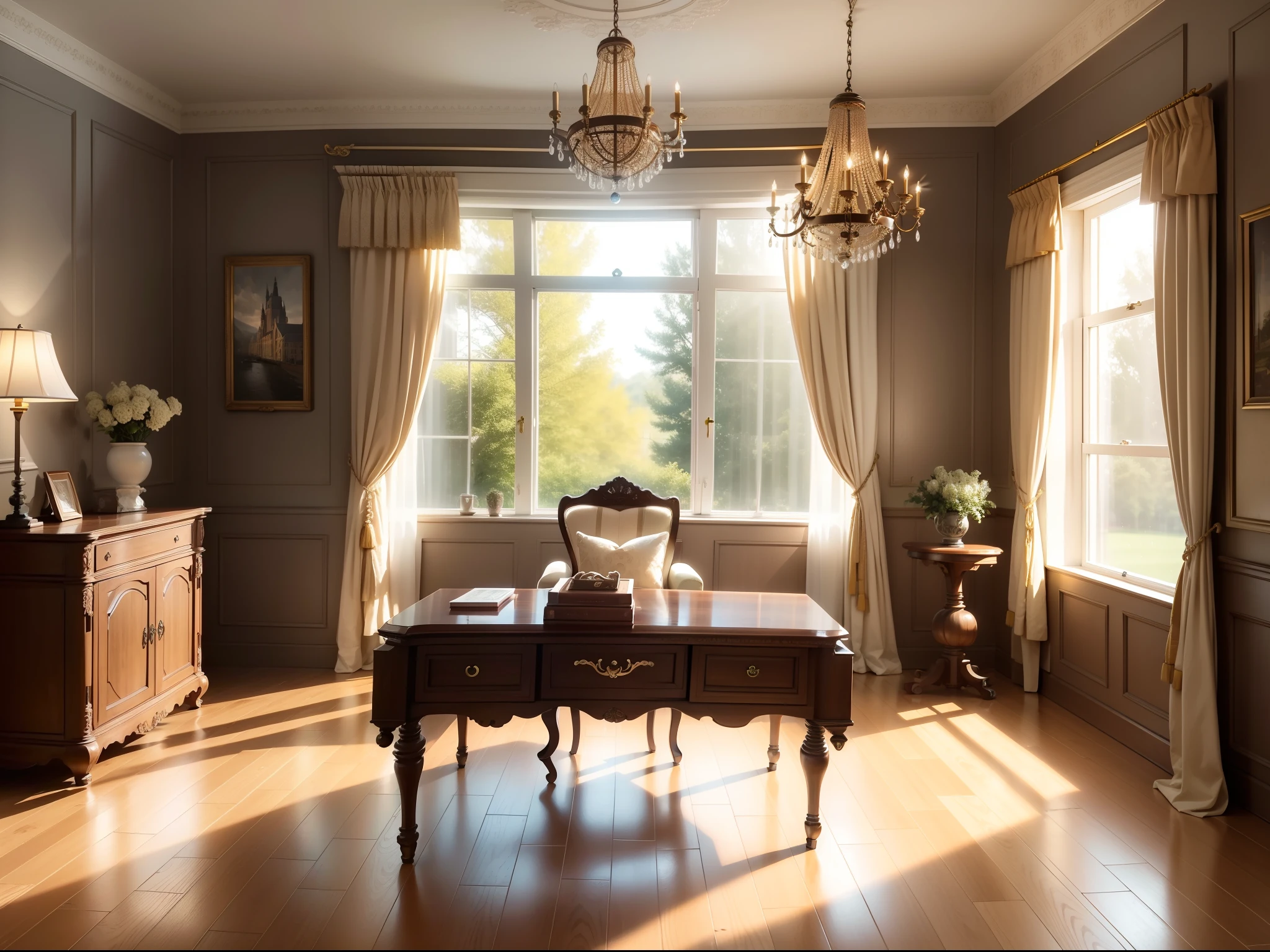 European light retro style study,Interlaced brown wood grain floors,Beige simple pattern wallpaper,Wooden wainscoting under the walls,Patterns of several frames,large french window,Outside the window are greenery,The undrawn curtains are beige,Large rectangular wooden desk,Leather table cushion with gold border,There are books on it,Vase with roses,Next to it is a floor lamp,hyper HD,Very detailed,Best quality,Masterpiece。