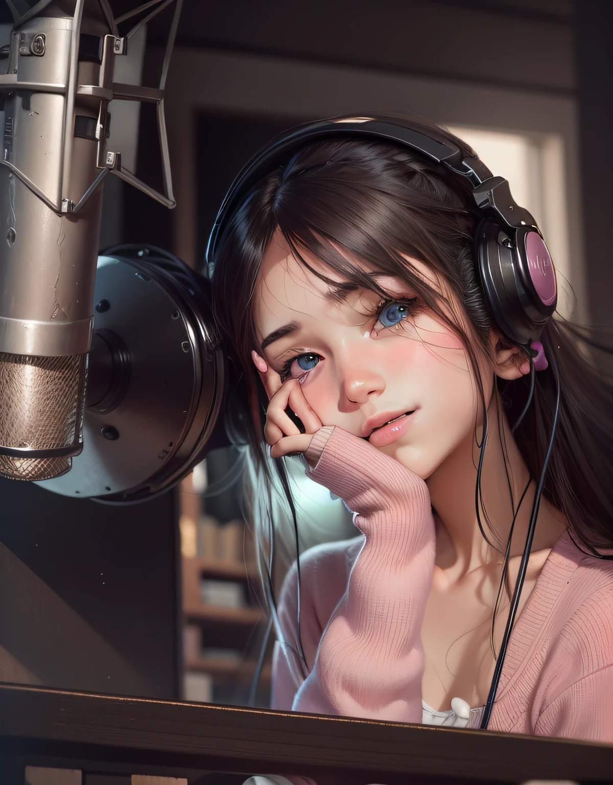 （Extremely Delicately Beautiful：1.2），8k，（tmasterpiece：1.0），（best_quality：1.0），1girll，Complicated details，enlarged textures，Complicated details，Fine and detailed eyes and detailed face，Complicated details，（Keep one's mouth shut），perfect  eyes，Equal eyes，Perfect body，very detailed ，（children's），Pink tight sweater，Pink headphones，ChineseGirl