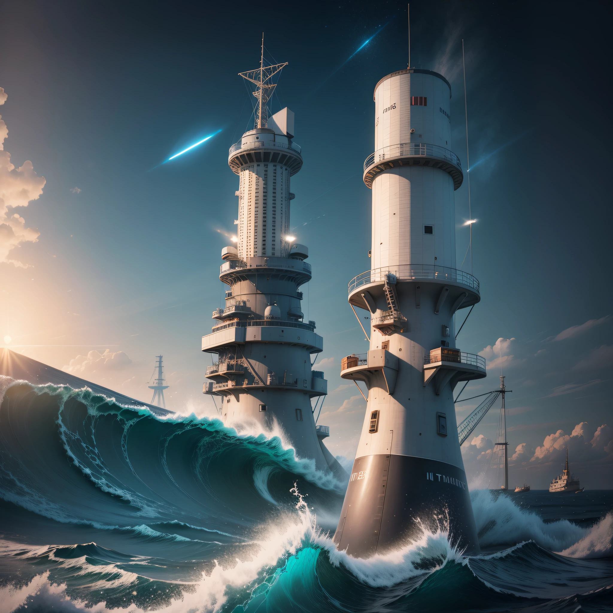 the sea，electromagnetic wave，base station，das boot，There are satellites in the sky，Tower，radar，Receive the signal，Maritime technology，Frontier of scientific and technological innovation，Best quality at best，tmasterpiece，photograph of-realistic，Complicated details，RAW photogr，Photon rendering，8K masterpiece