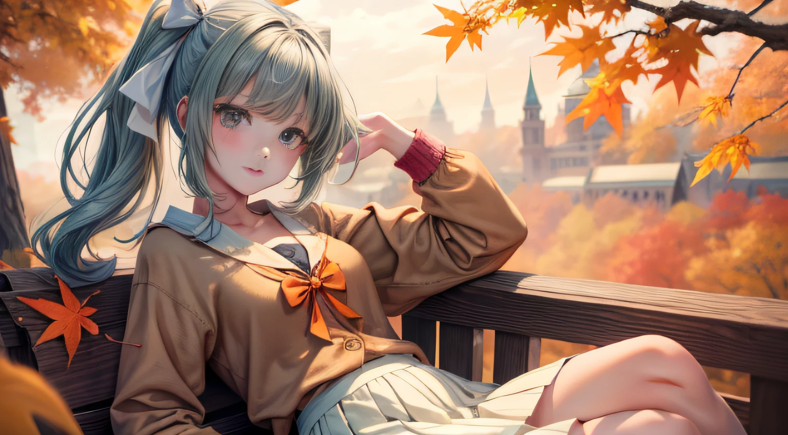 ​masterpiece、top-quality、hight resolution、Delicate depiction、Detailed people、细致背景、1girl in、autumnal、Autumn landscape、Colored leaves、poneyTail、White ribbon、White knitted cardigan、pleatedskirt、Orange Ribbon、sweet potato、