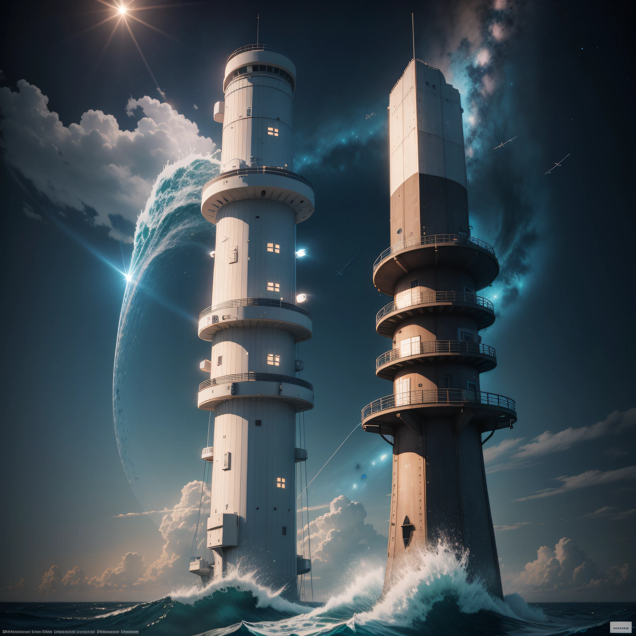 the sea，electromagnetic wave，base station，das boot，There are satellites in the sky，Tower，radar，Receive the signal，Maritime technology，Frontier of scientific and technological innovation，Best quality at best，tmasterpiece，photograph of-realistic，Complicated details，RAW photogr，Photon rendering，8K masterpiece