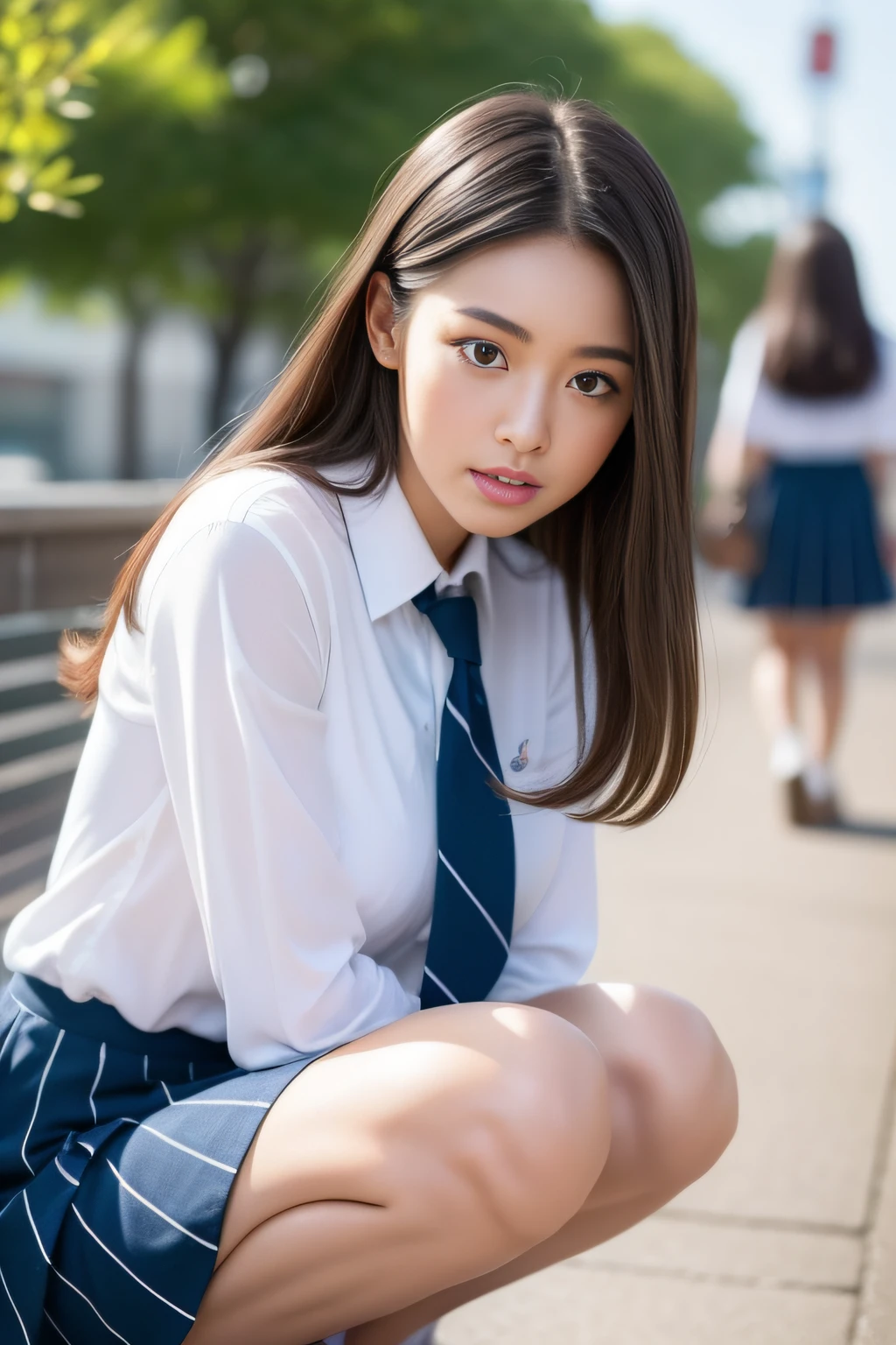 surrealistic、top-quality、 超A high resolution、Nikon Z 85mm、({(Raw foto:1.2)})natural soft light、profetional lighting、
realisitic、Super live-action、Photorealsitic、The crotch is visible、{front-facing view、Angle from below}
{{Finger hiding pose}}I can't see my fingers、portlate、
Both legs are bent、The toes are on the ground、The legs are spread in an M shape and the panties are visible.、Thighs visible from the front、Seduce by showing white panties、
Japan girl uniform、White panties visible through the miniskirt、(Panchira)Uniform miniskirt、Perfect raw legs、
perfectly proportions、A sexy、Chest visible、Erotic、
Squatting deep in the city、Show your pants around town、
ulzzang -6500-v1.1, Well-formed face、perfectly proportions、Well-formed fingertips、
Cute High School Beautiful face in every detail、Realistic human skin、Provocative facial expressions、Semi-long、Smooth hair、de pele branca、light skinned、 (hyperdetailed face、(very detailed lips、{round and detailed eyes}二重まぶた、Moist eyes、Very delicate eyebrows、)) (Strong-minded、(childish、pure、Attractive woman、charmed、glamor、Victory、Cheeky、glad、kawaii、Good aroma、))