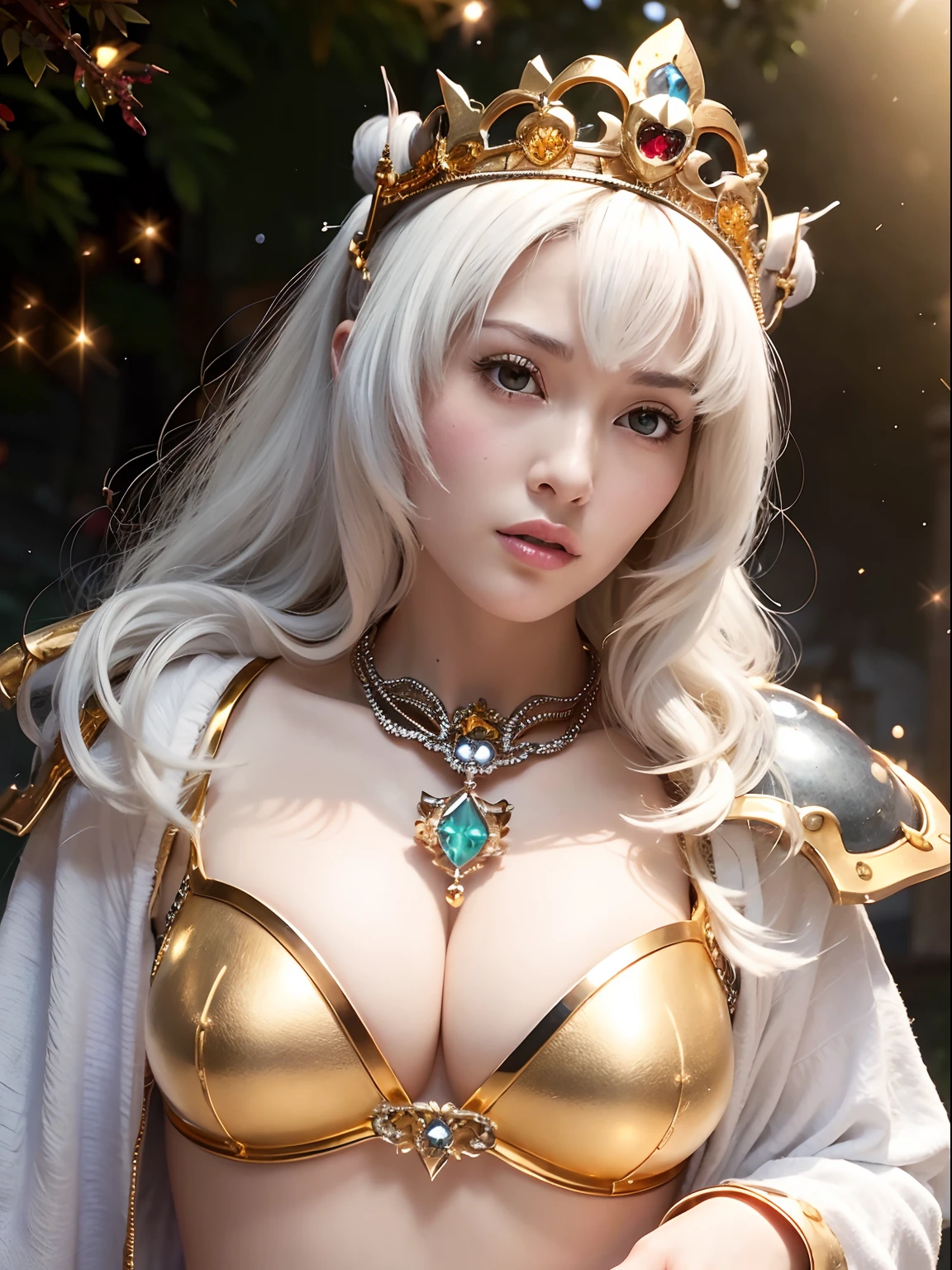 (masutepiece), Professional , ​masterpiece、top-quality、photos realistic , depth of fields （Gemstone Silver Metal Body:1.９),(Matte White、Particles of light、Jewel Gold Weapon、（Gorgeous castle background）、（White Micro Bikini）（Jewel Metal Body:1.４),Gorgeous Jewel Metal Weapons , Detailed Sword of the Brave ,（ Soldier background in metal armor）   ,warhammer 40k , adepta sororitas,Detail and ornate jewel crown、独奏、Black hair、（Gangle's forest background）、Beautiful Caucasian beauty、１a person、dynamic ungle,(((Diamond tiara with detail and luxury)))、a small face、A smile、Powerful poses、（Gorgeous castle background）、huge-breasted、20 year old beautiful woman、Stand in the center of the screen、Thin female fingers、Smaller head、