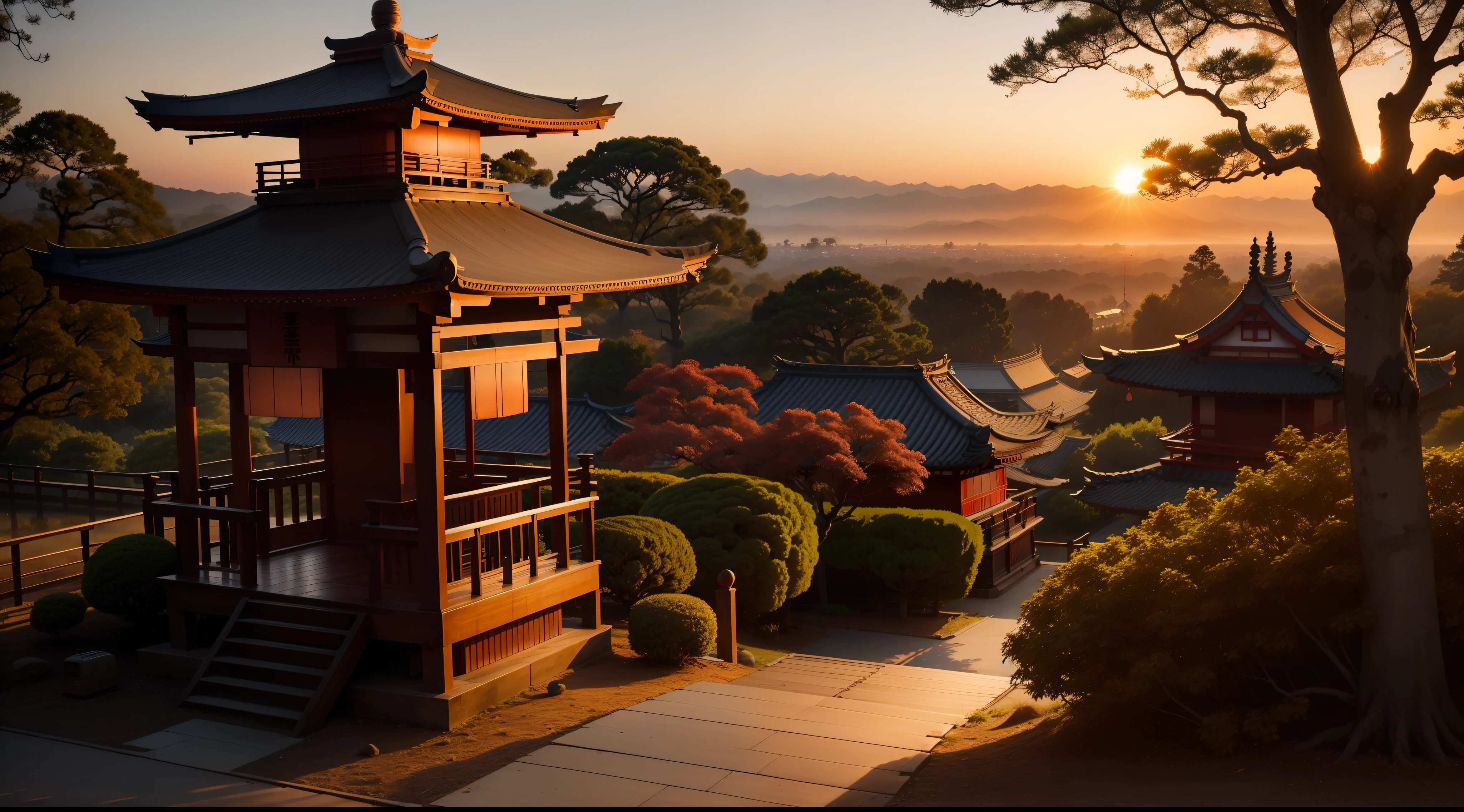 sun rising from behind japanese pagoda trees sunrise,