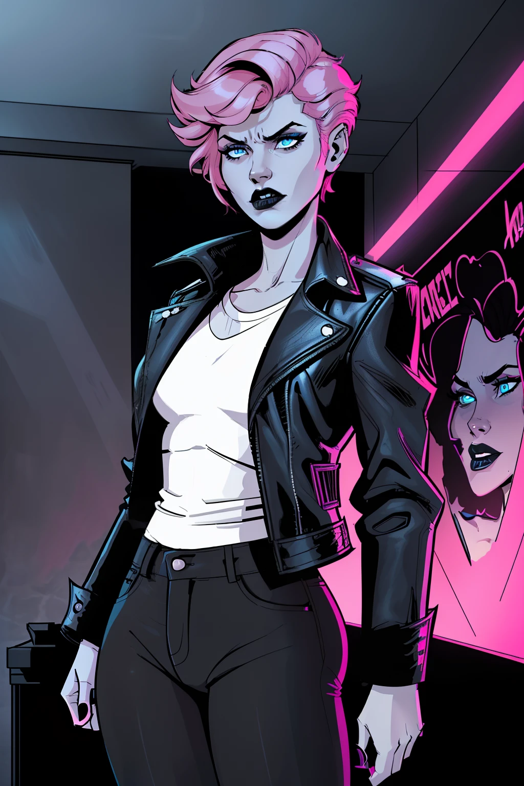 woman, standing, inside a dark room, dark wall in background, pale blue eyes, detailed short pink hair Short Side Comb haircut, angry expression, black lipstick, small tits, wearing a leather jacket, black pants, shirt, white shirt, comic book style, flat shaded, prominent comic book outline linework